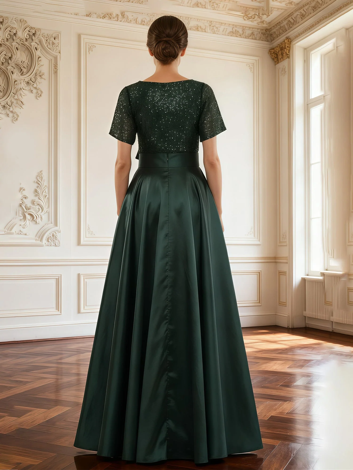 Sequined Bodice A-Line Gown with Pleated Skirt Dusty Blue - Image 2