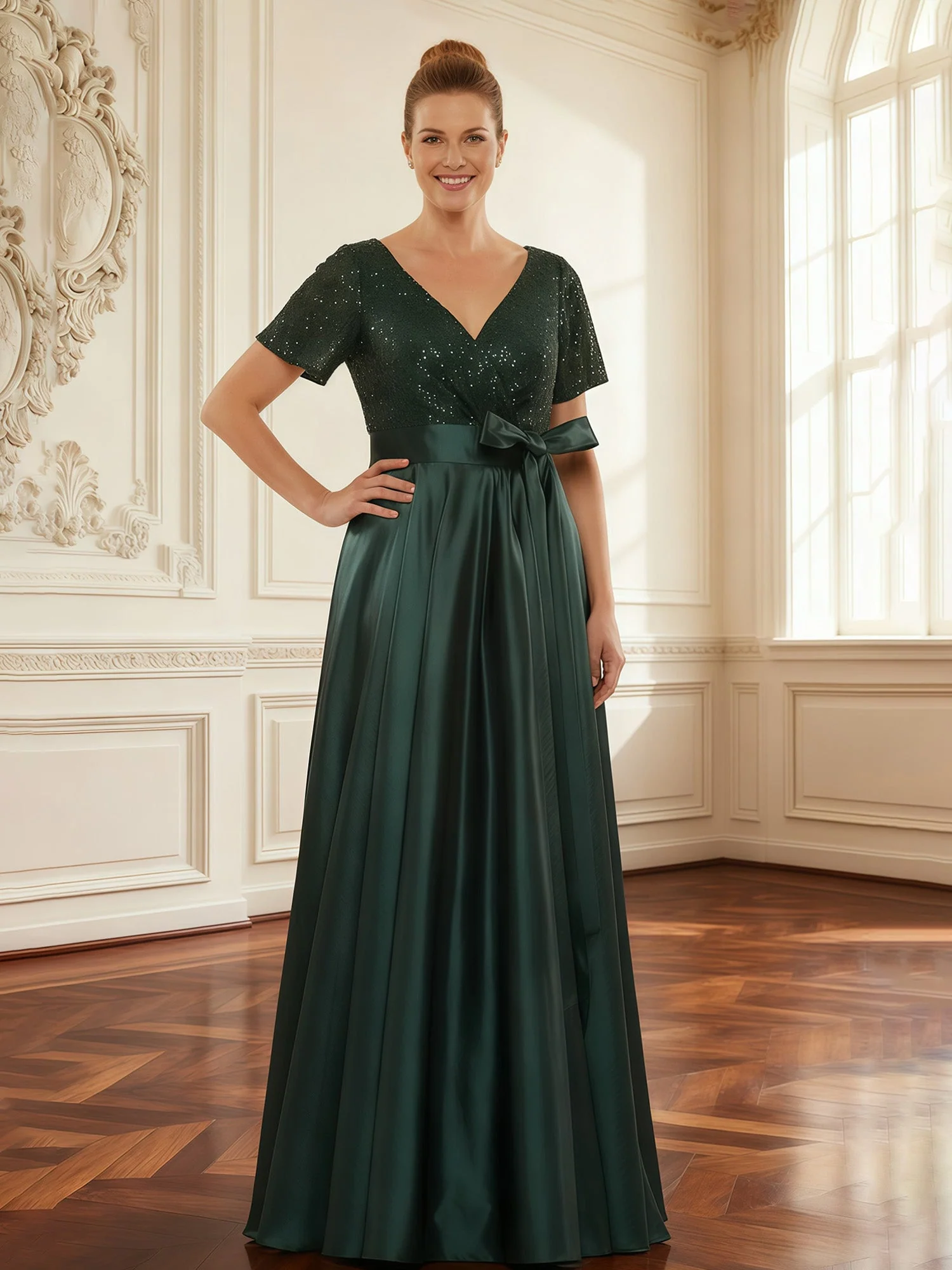 Sequined Bodice A-Line Gown with Pleated Skirt Ocean Blue