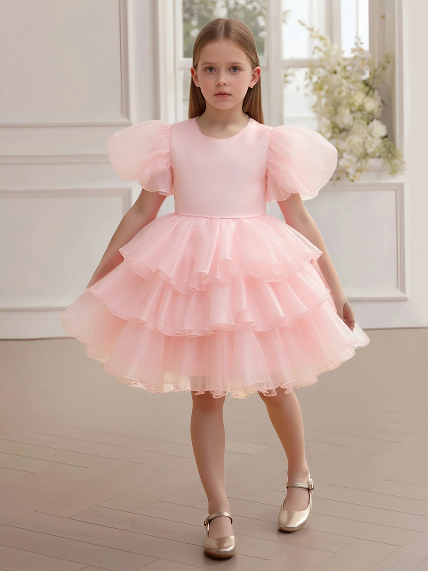 Puff Sleeve Round Neck Tiered Tulle Flower Girl Dress Pearl Pink