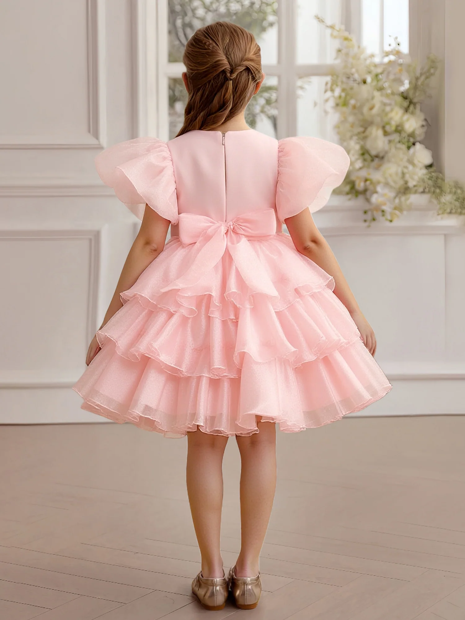 Puff Sleeve Round Neck Tiered Tulle Flower Girl Dress Pearl Pink - Image 2