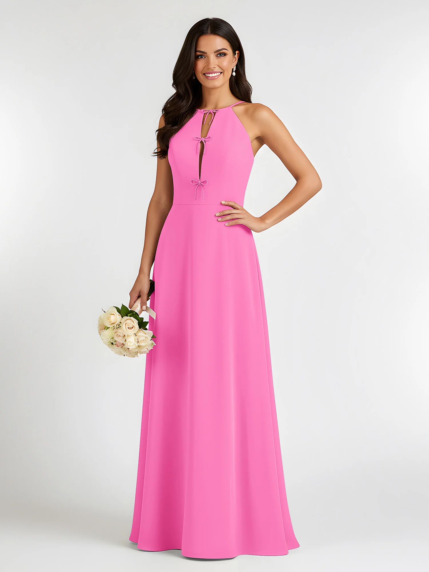 A-Line Chiffon Sleeveless Bow Halter Neck Dresses Azalea
