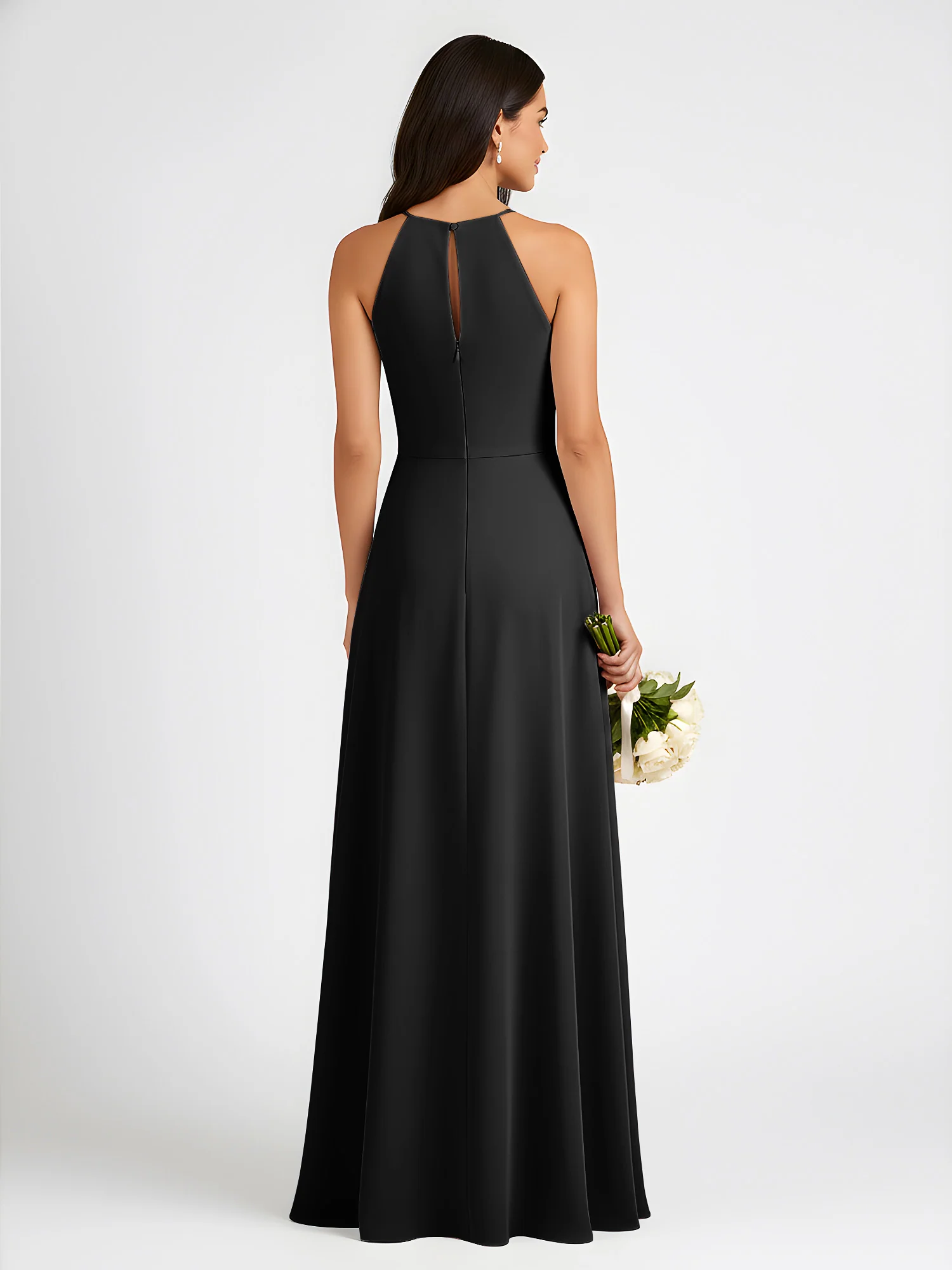 A-Line Chiffon Sleeveless Bow Halter Neck Dresses Black - Image 2