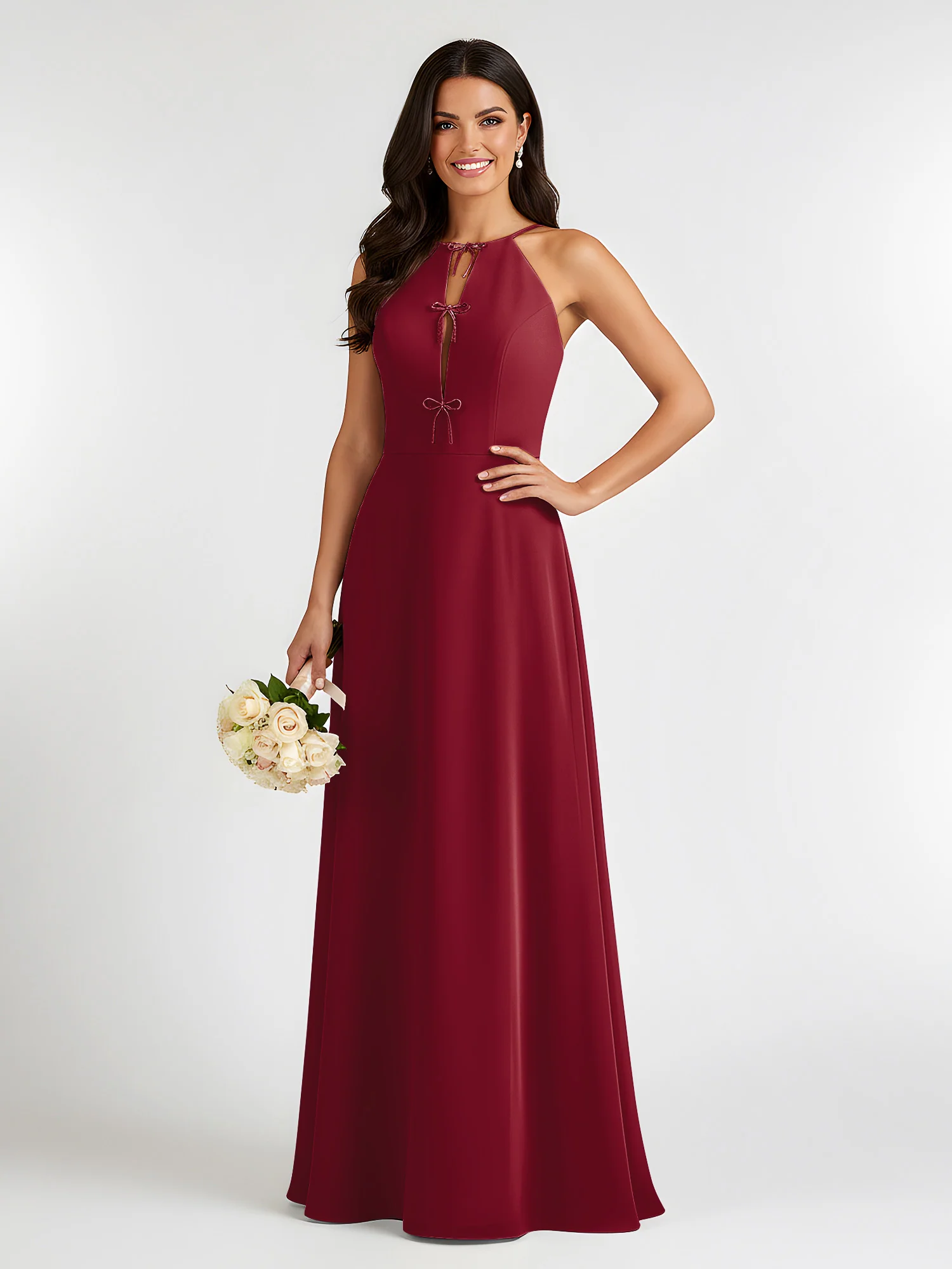 A-Line Chiffon Sleeveless Bow Halter Neck Dresses Burgundy