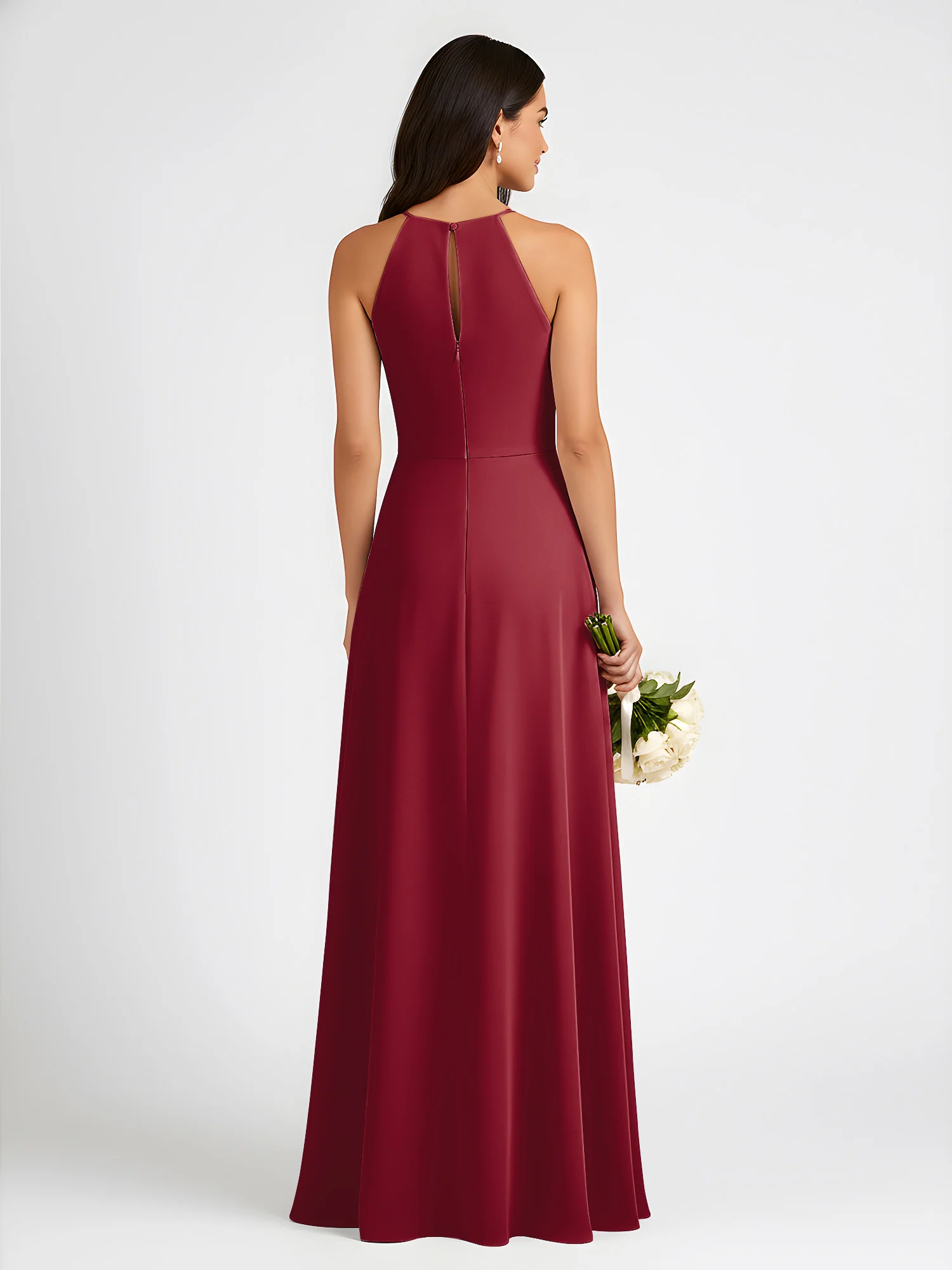 A-Line Chiffon Sleeveless Bow Halter Neck Dresses Burgundy - Image 2