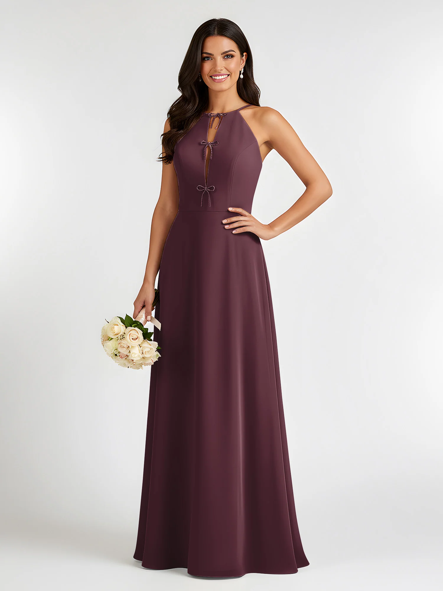 A-Line Chiffon Sleeveless Bow Halter Neck Dresses Cabernet