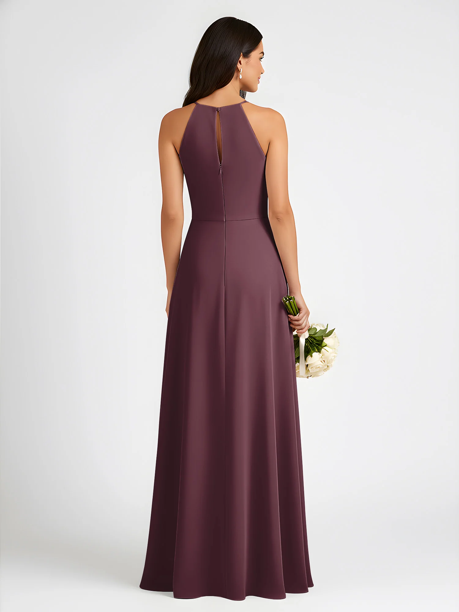 A-Line Chiffon Sleeveless Bow Halter Neck Dresses Cabernet - Image 2