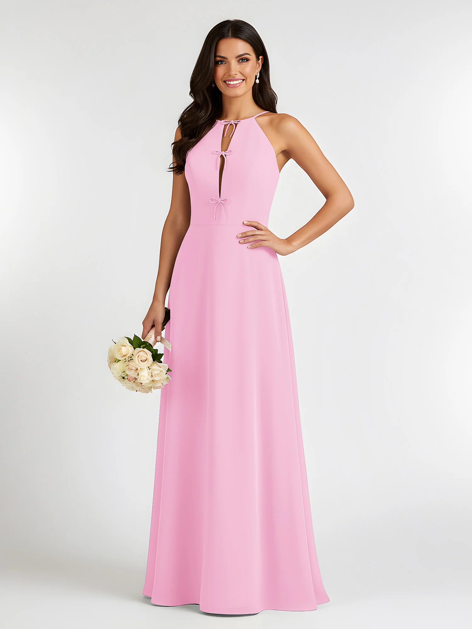A-Line Chiffon Sleeveless Bow Halter Neck Dresses Candy Pink