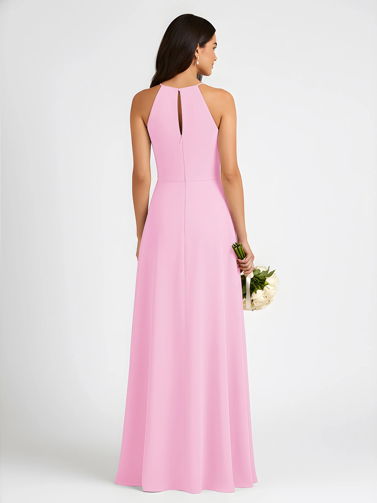 A-Line Chiffon Sleeveless Bow Halter Neck Dresses Candy Pink - Image 2