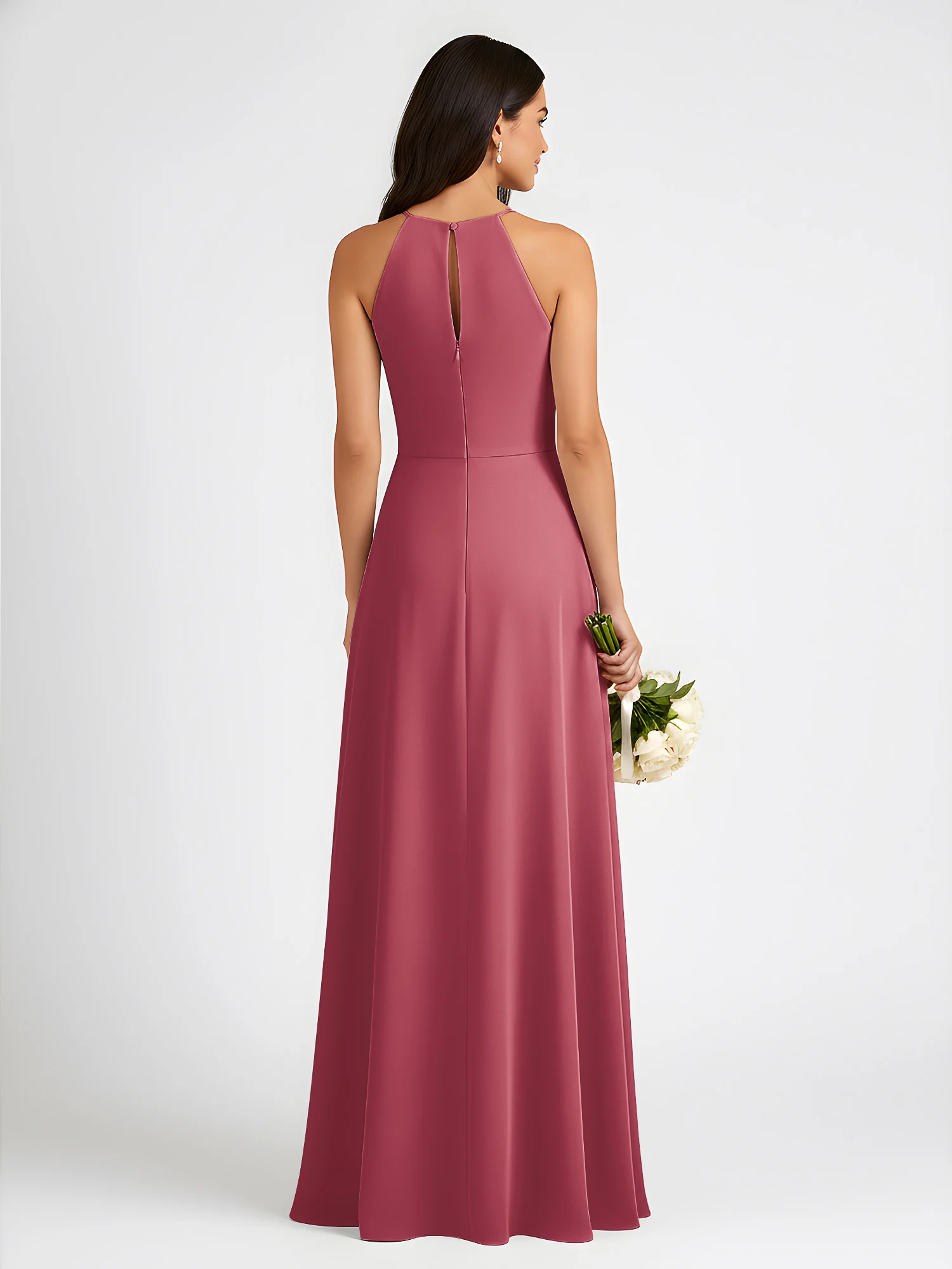 A-Line Chiffon Sleeveless Bow Halter Neck Dresses Cinnamon Rose - Image 2
