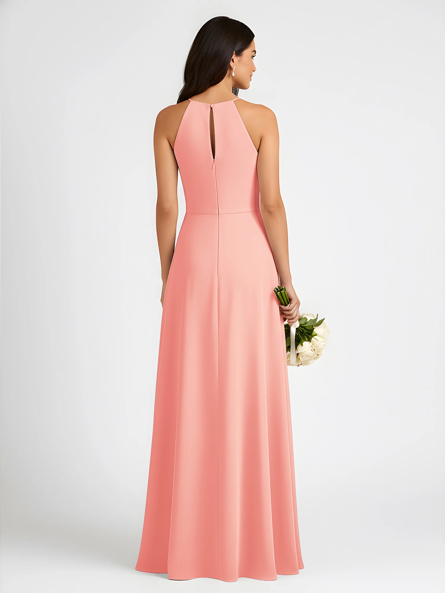 A-Line Chiffon Sleeveless Bow Halter Neck Dresses Coral - Image 2