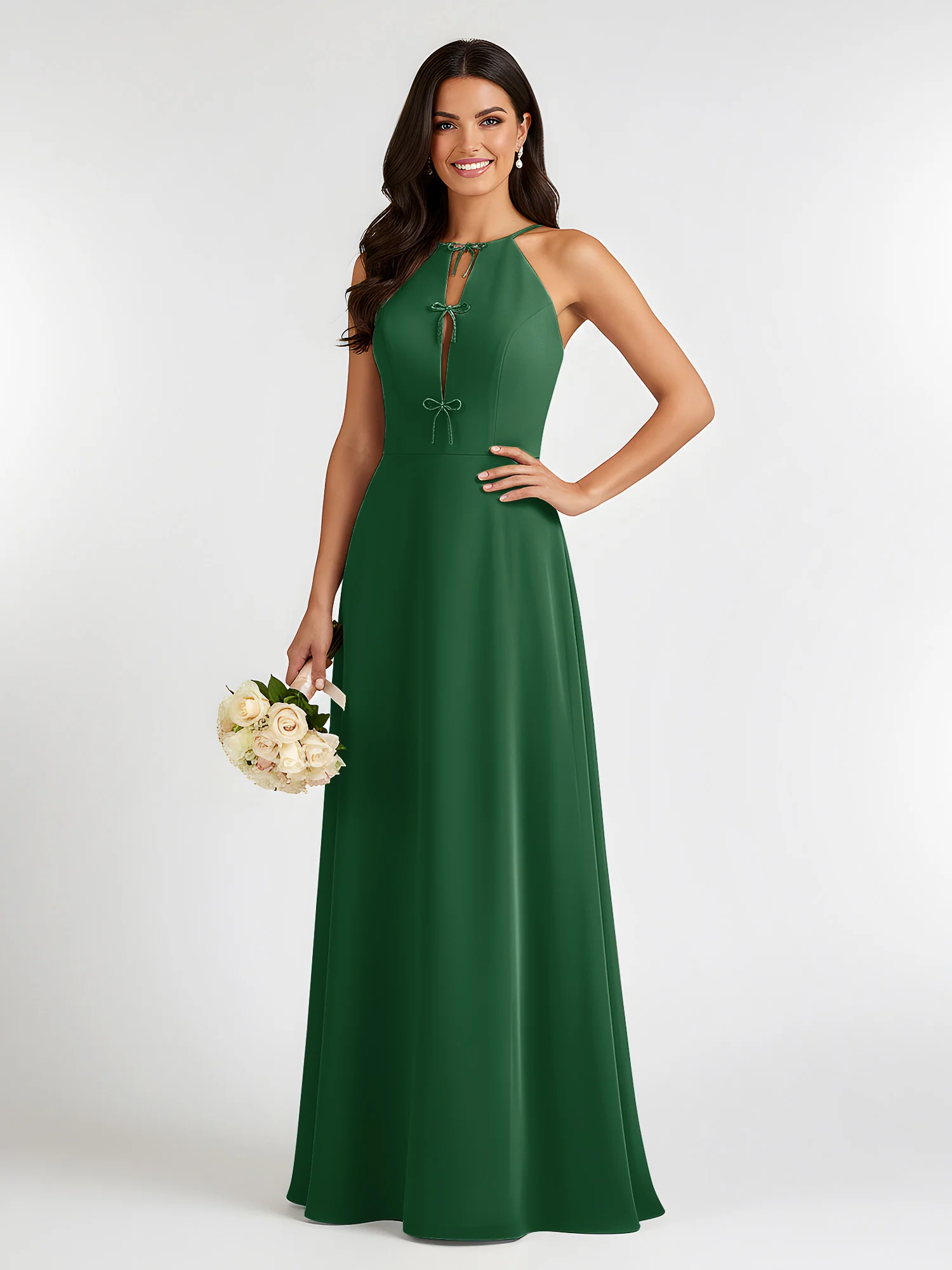 A-Line Chiffon Sleeveless Bow Halter Neck Dresses Dark Green