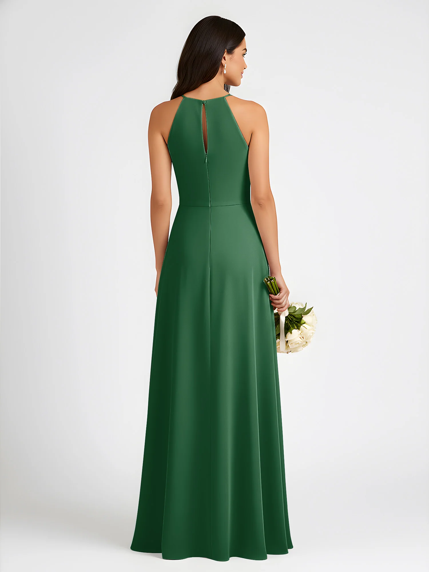 A-Line Chiffon Sleeveless Bow Halter Neck Dresses Dark Green - Image 2