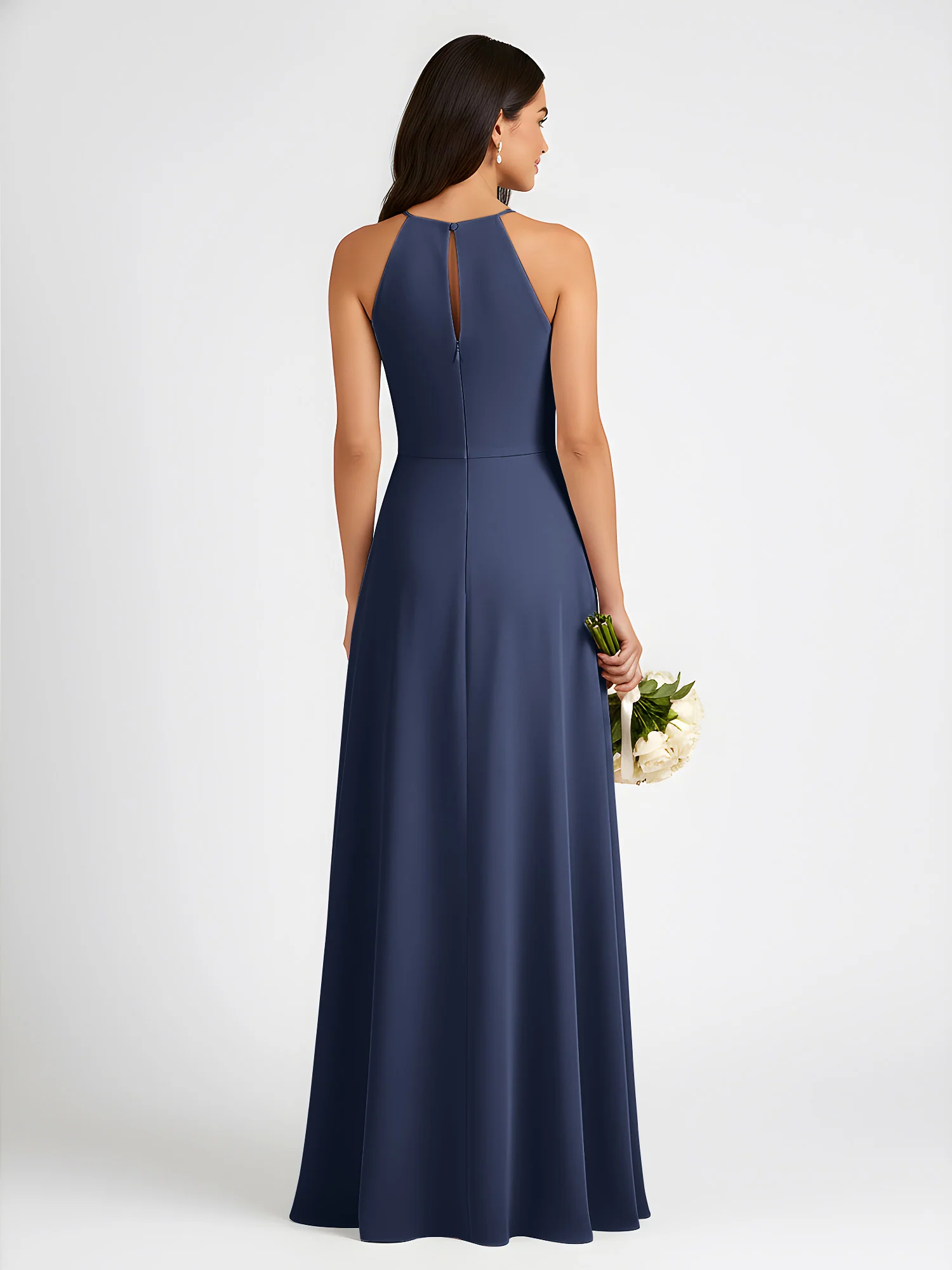 A-Line Chiffon Sleeveless Bow Halter Neck Dresses Dark Navy - Image 2