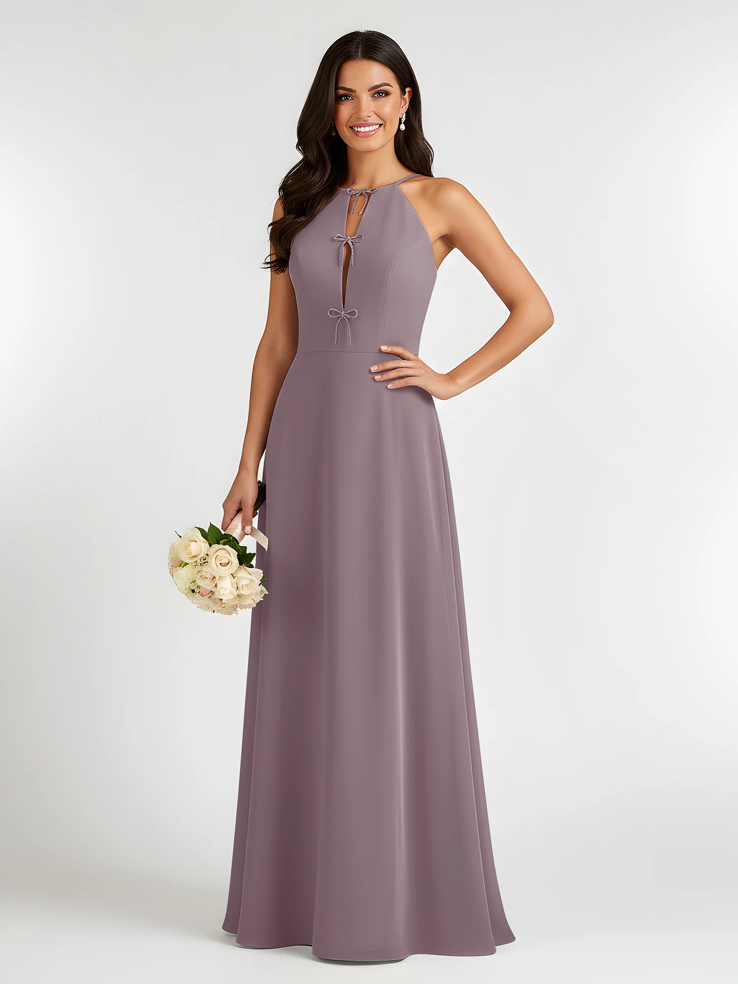 A-Line Chiffon Sleeveless Bow Halter Neck Dresses Dusk
