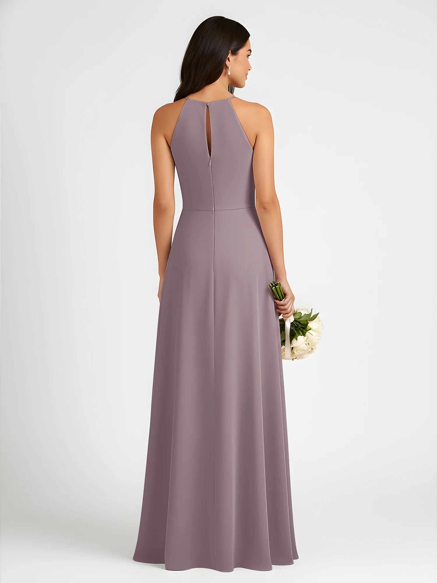 A-Line Chiffon Sleeveless Bow Halter Neck Dresses Dusk - Image 2