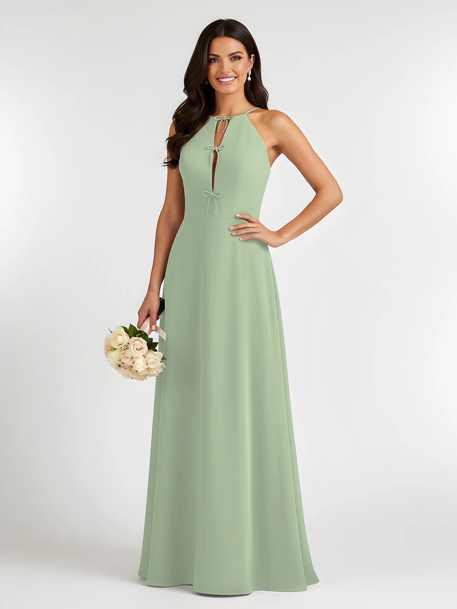 A-Line Chiffon Sleeveless Bow Halter Neck Dresses Dusty Sage