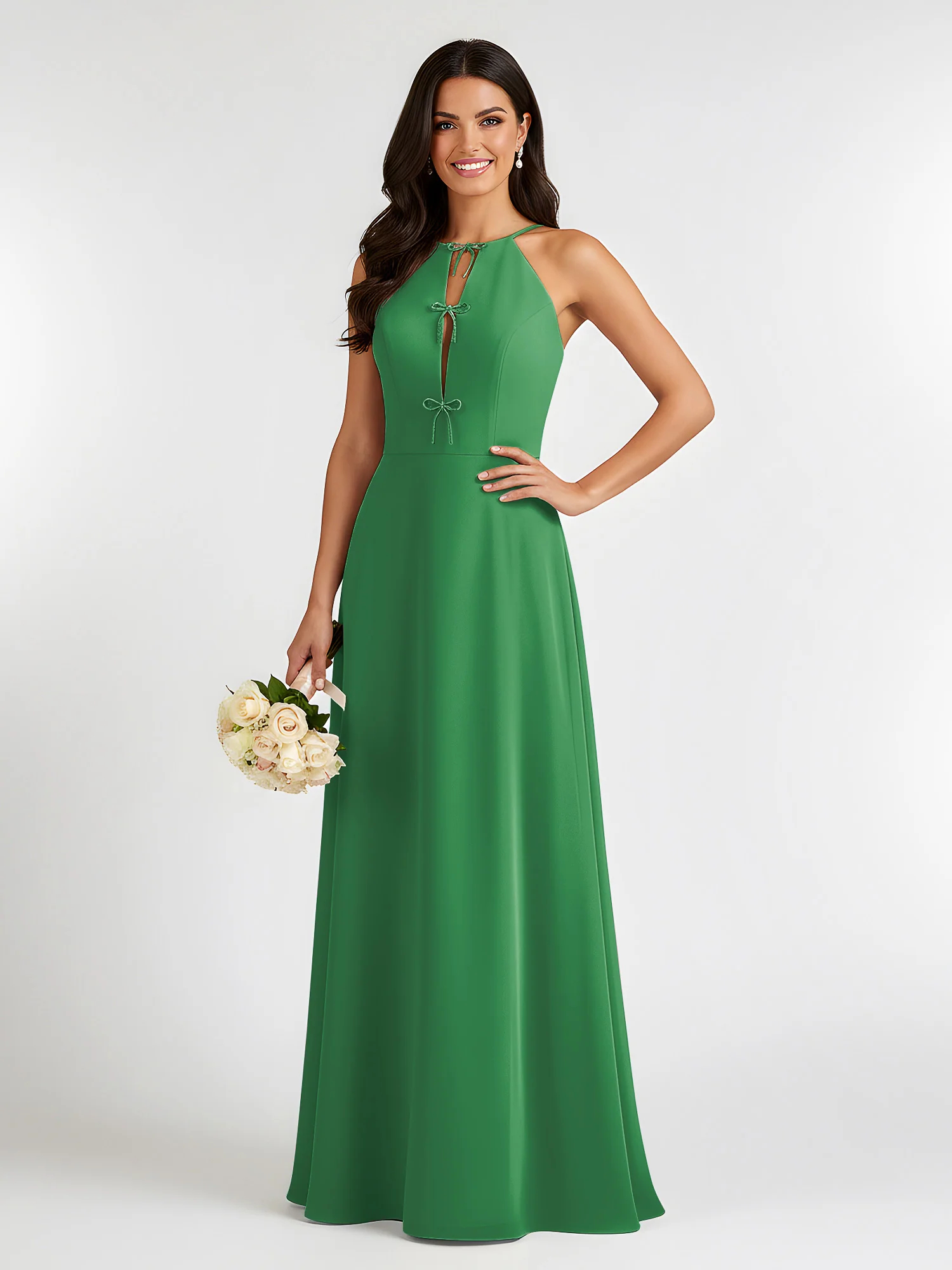 A-Line Chiffon Sleeveless Bow Halter Neck Dresses Emerald