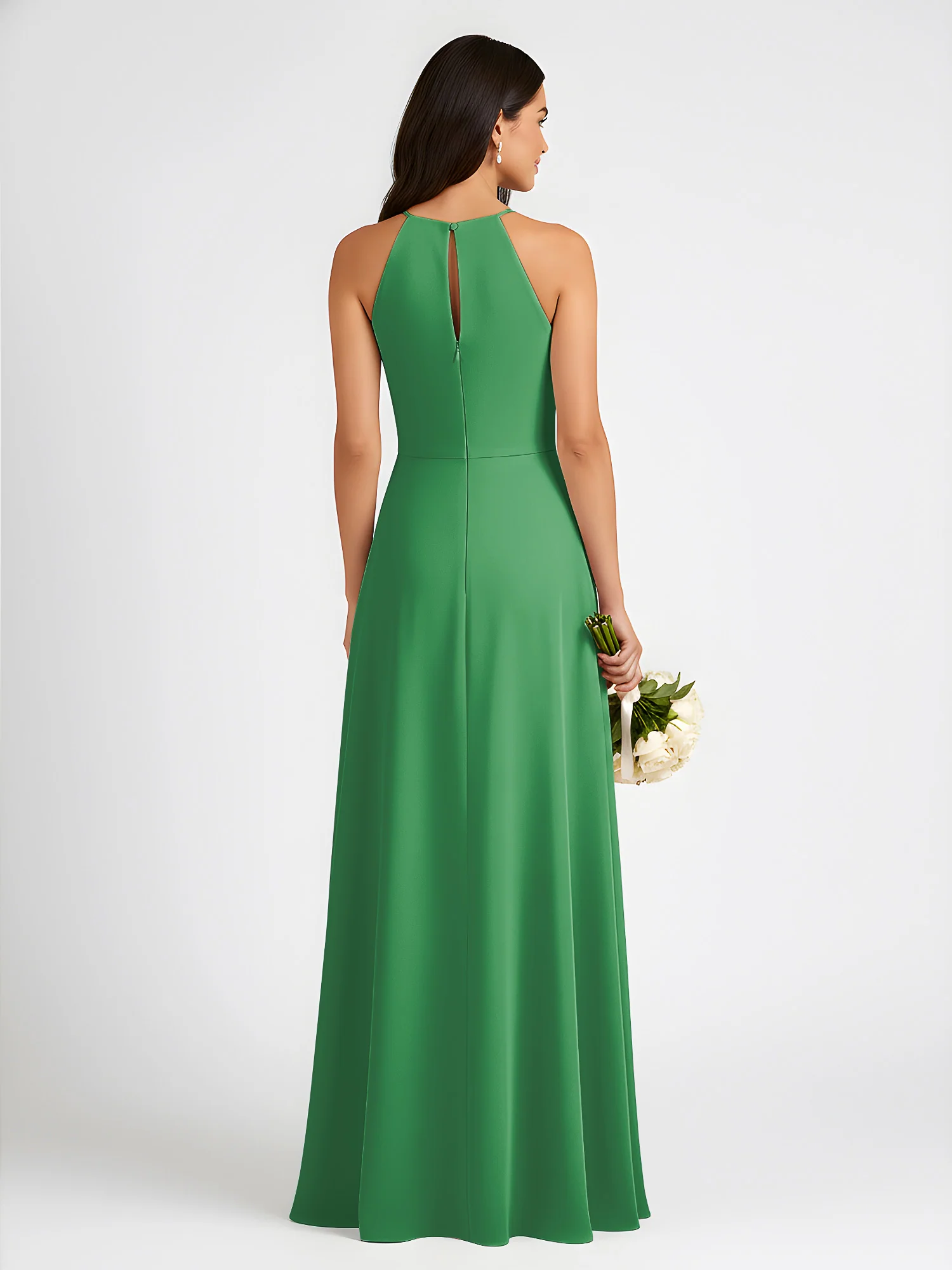 A-Line Chiffon Sleeveless Bow Halter Neck Dresses Emerald - Image 2