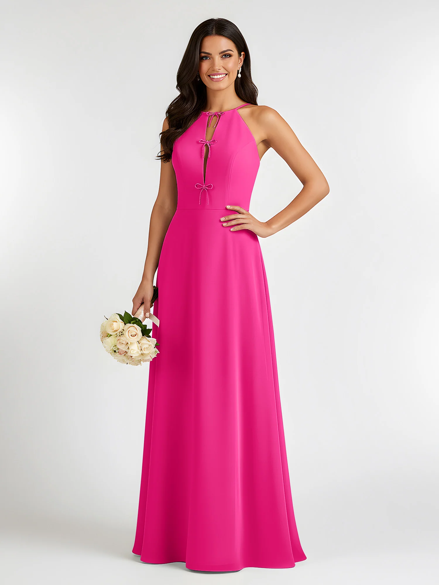 A-Line Chiffon Sleeveless Bow Halter Neck Dresses Fuchsia