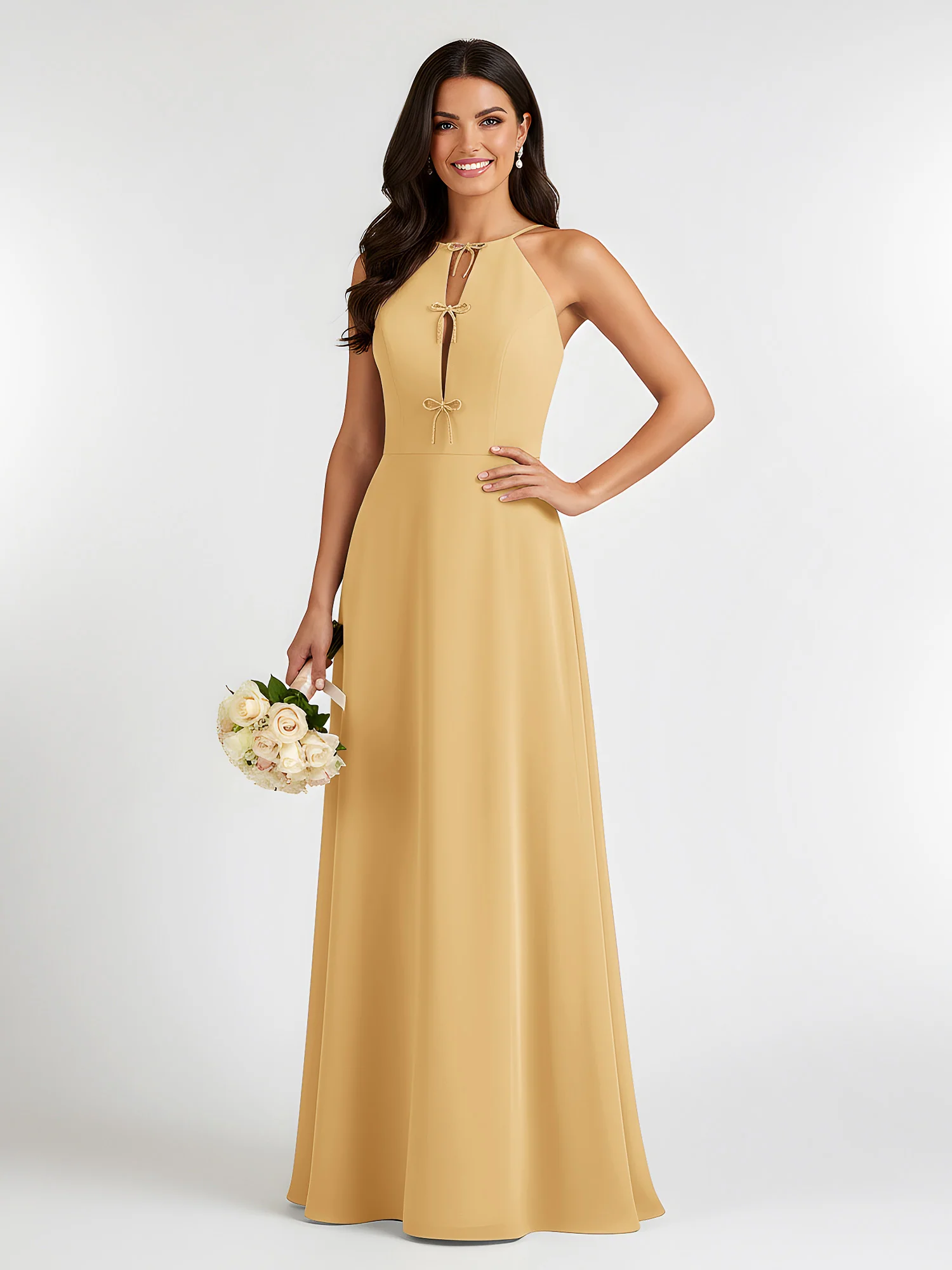 A-Line Chiffon Sleeveless Bow Halter Neck Dresses Gold