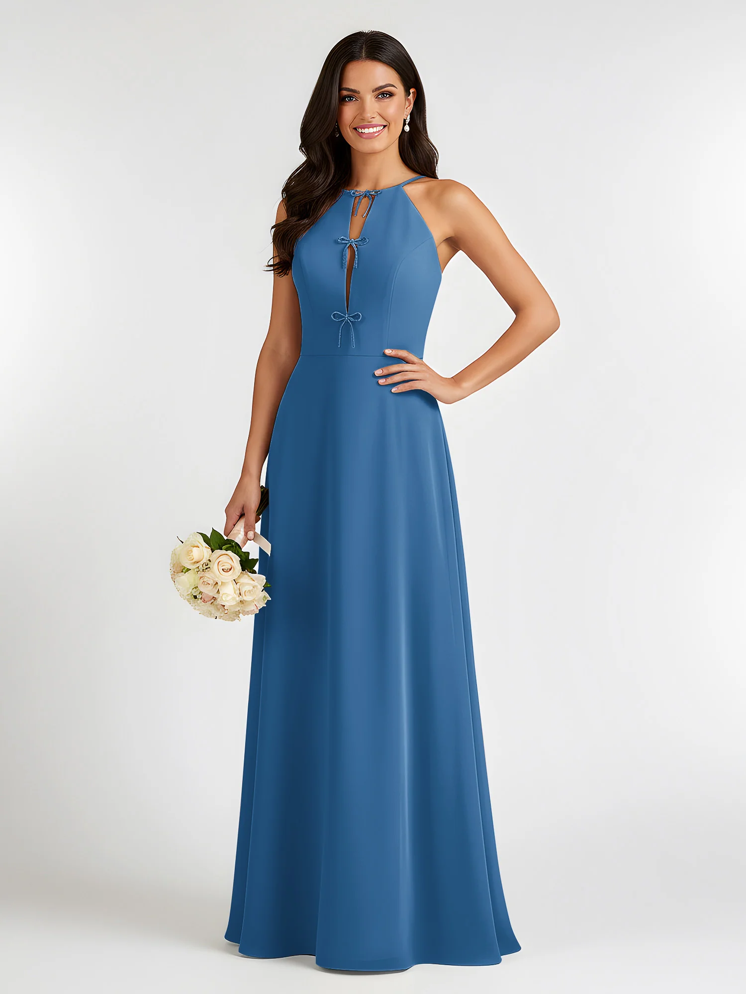 A-Line Chiffon Sleeveless Bow Halter Neck Dresses Ink Blue