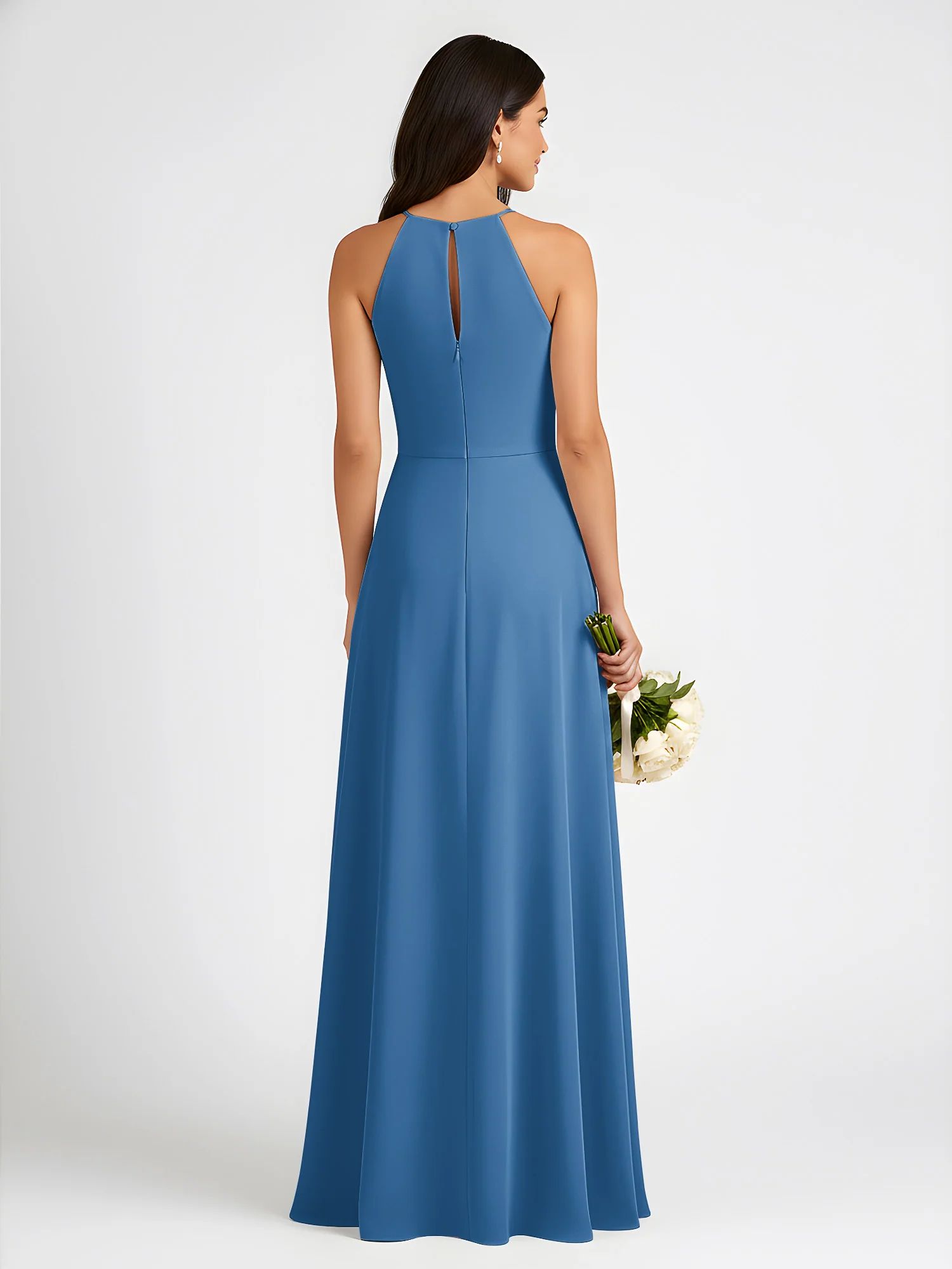 A-Line Chiffon Sleeveless Bow Halter Neck Dresses Ink Blue - Image 2
