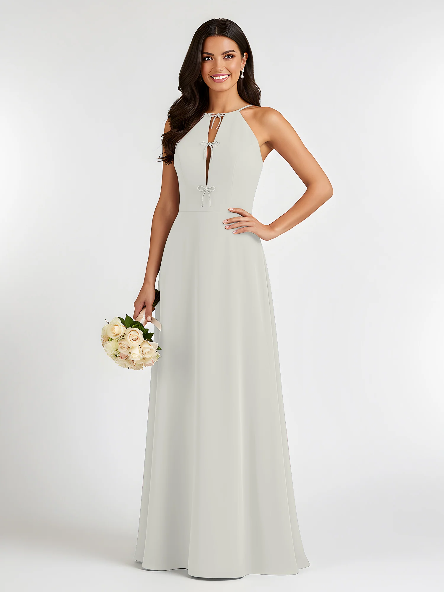 A-Line Chiffon Sleeveless Bow Halter Neck Dresses Ivory