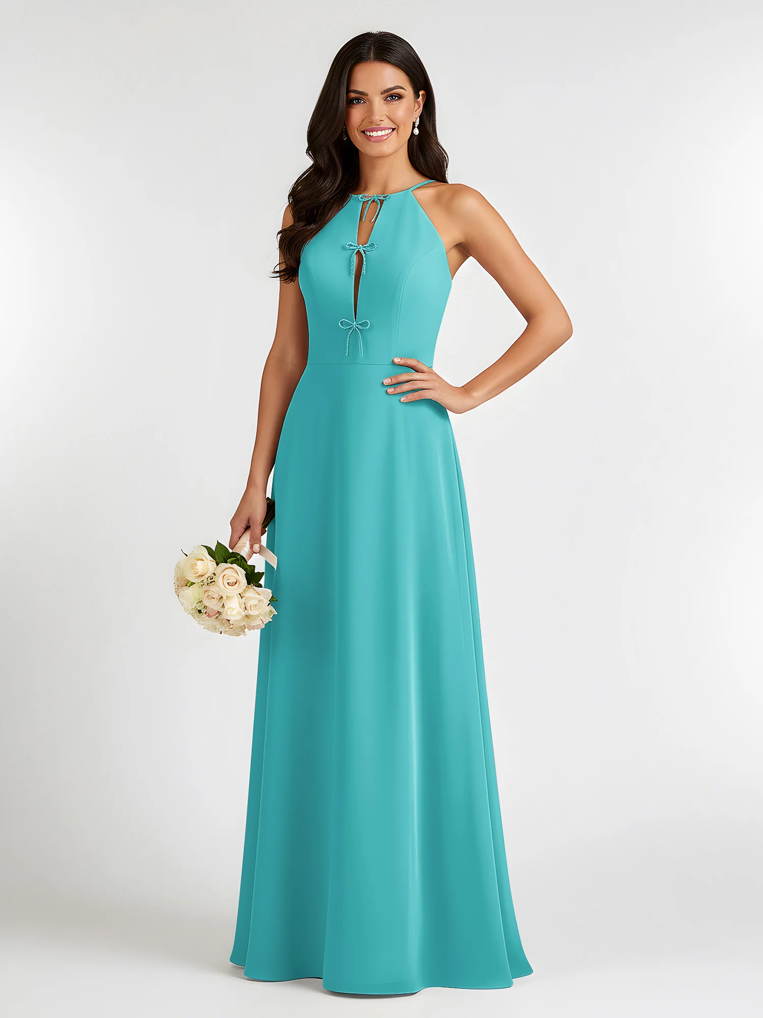 A-Line Chiffon Sleeveless Bow Halter Neck Dresses Jade