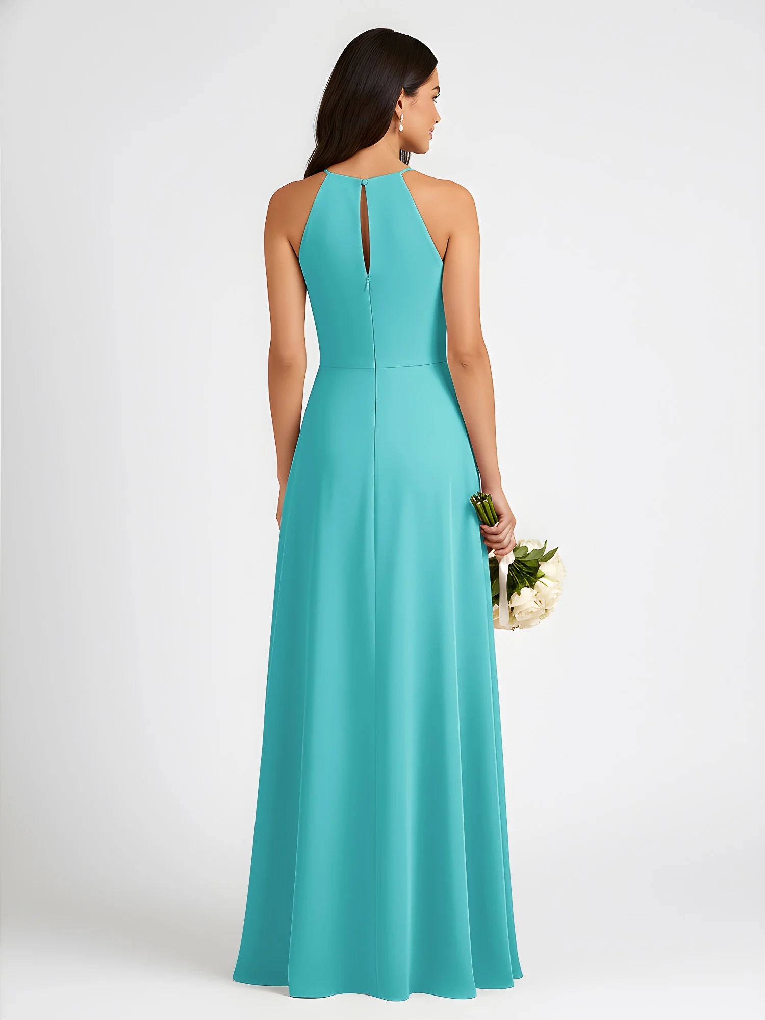 A-Line Chiffon Sleeveless Bow Halter Neck Dresses Jade - Image 2