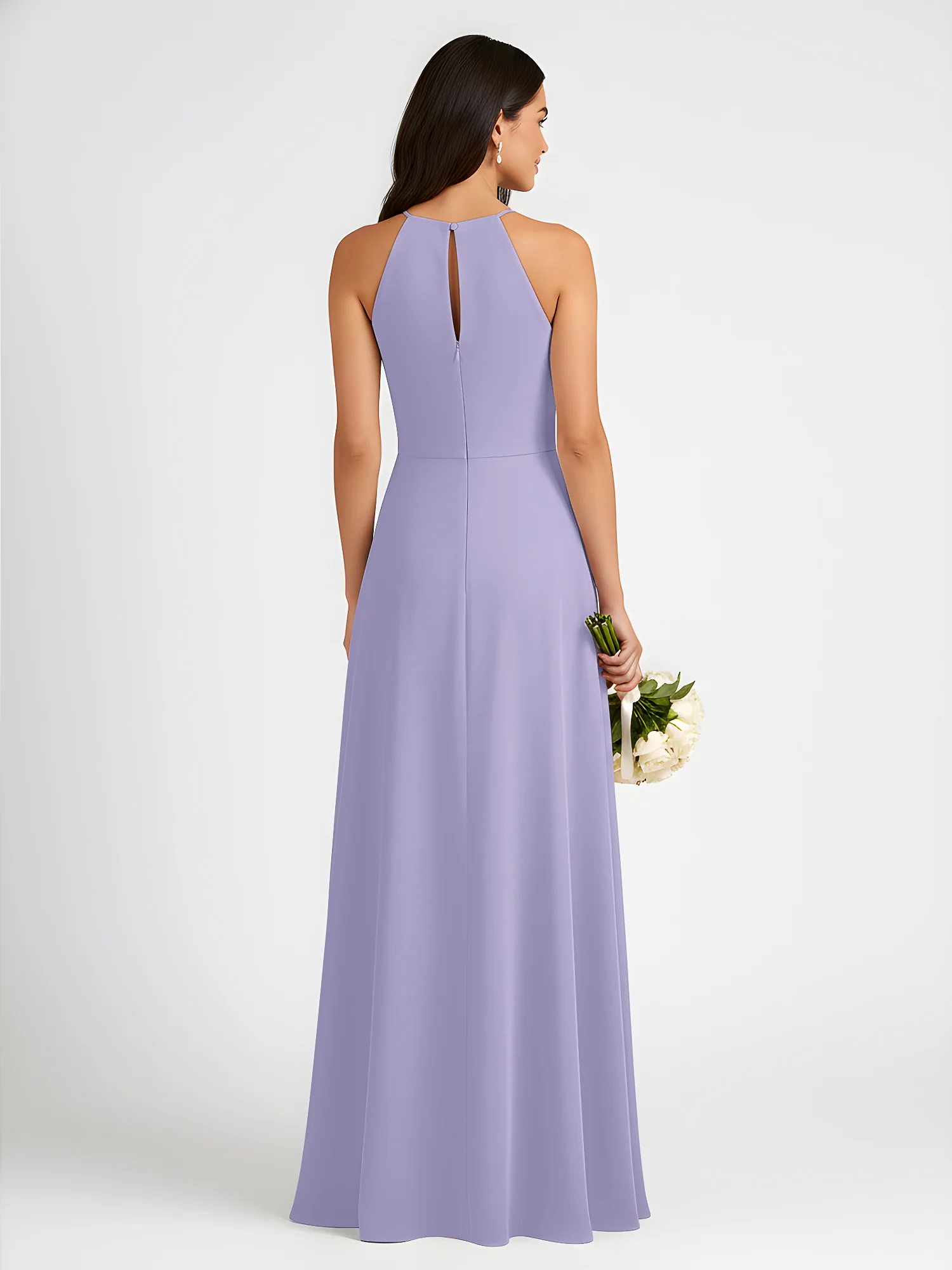 A-Line Chiffon Sleeveless Bow Halter Neck Dresses Lavender - Image 2