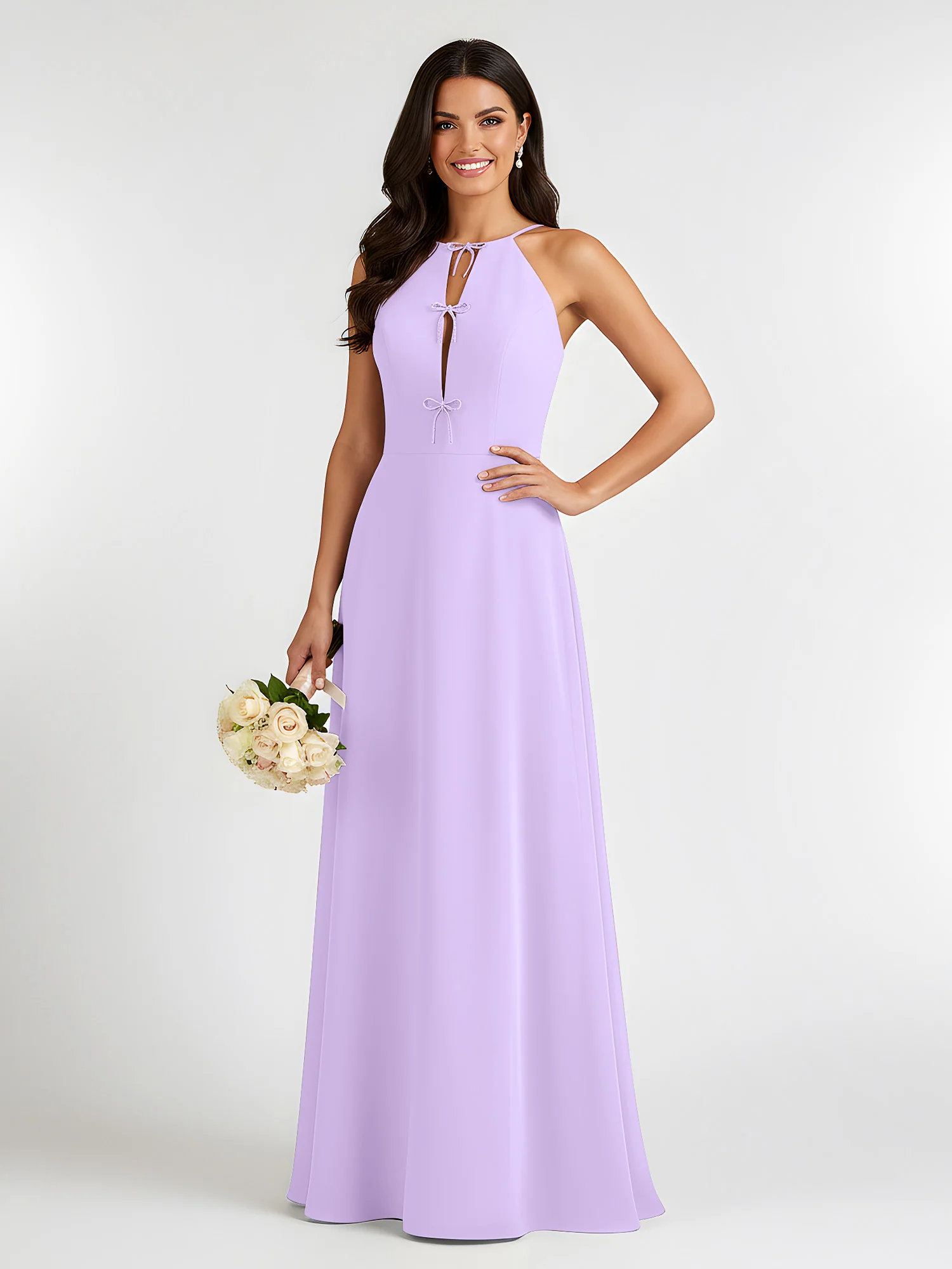 A-Line Chiffon Sleeveless Bow Halter Neck Dresses Lilac