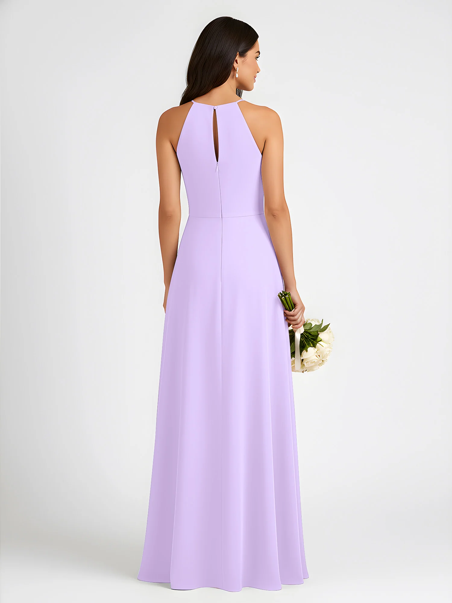 A-Line Chiffon Sleeveless Bow Halter Neck Dresses Lilac - Image 2