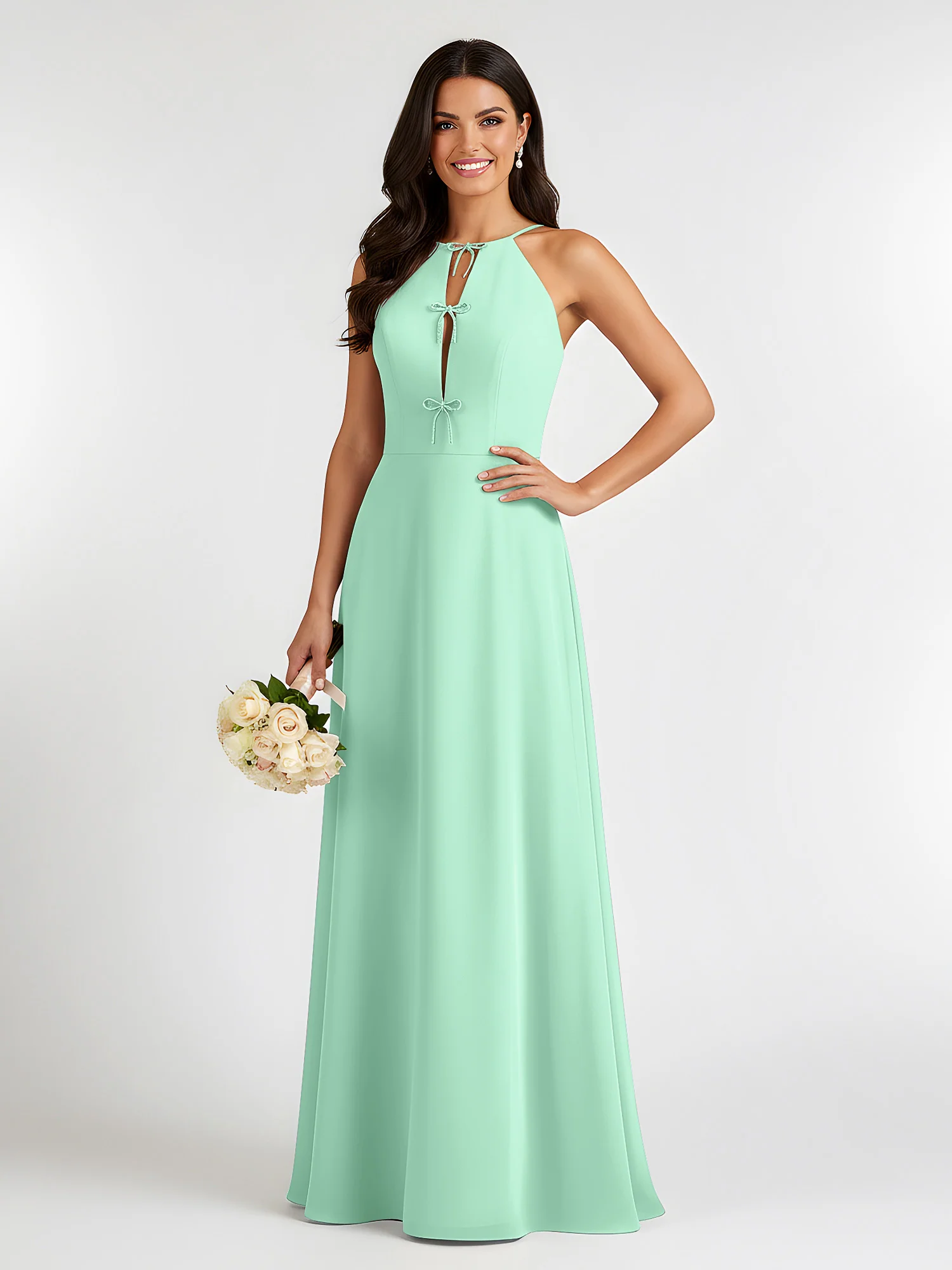 A-Line Chiffon Sleeveless Bow Halter Neck Dresses Mint Green