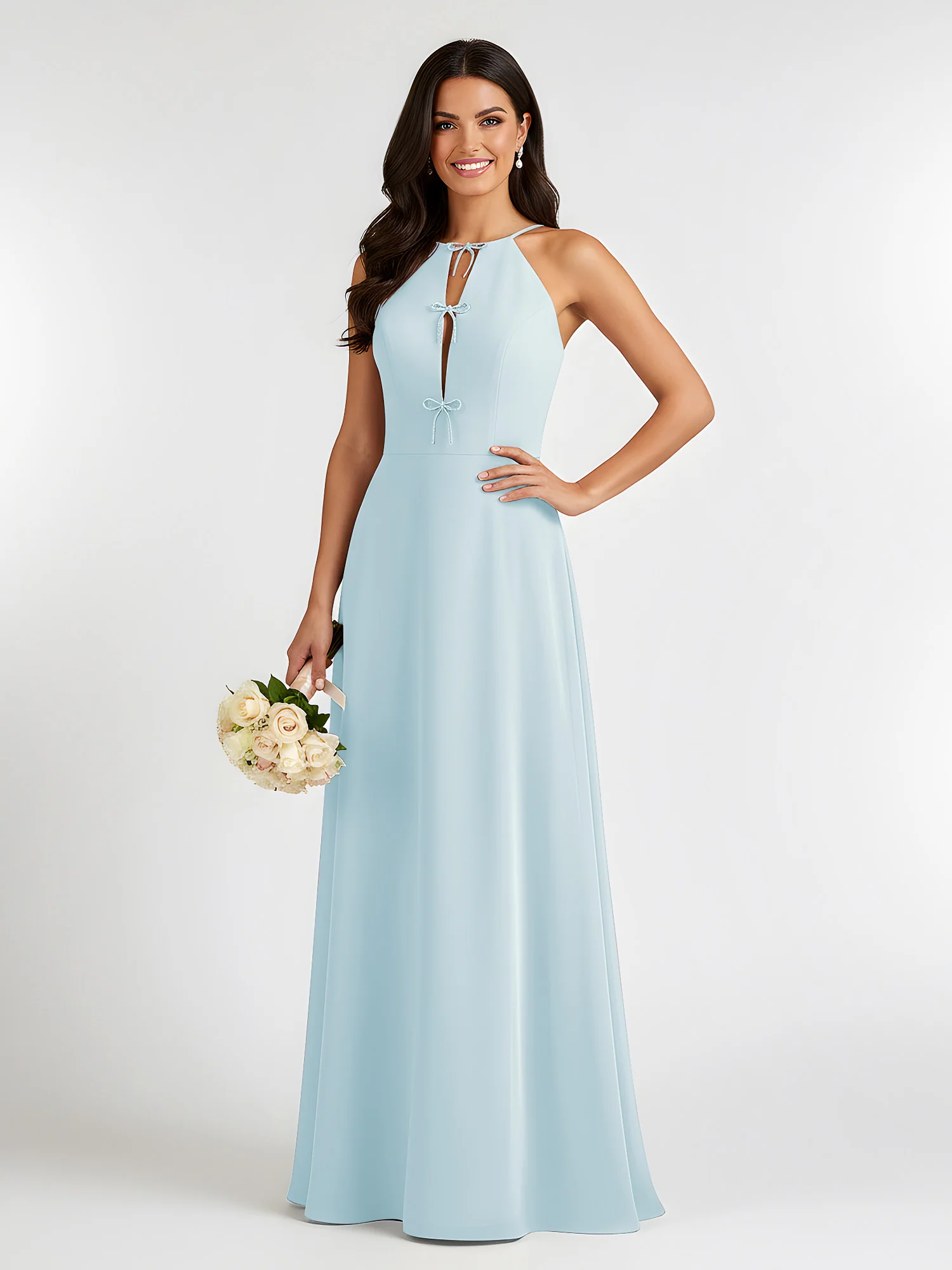 A-Line Chiffon Sleeveless Bow Halter Neck Dresses Mist