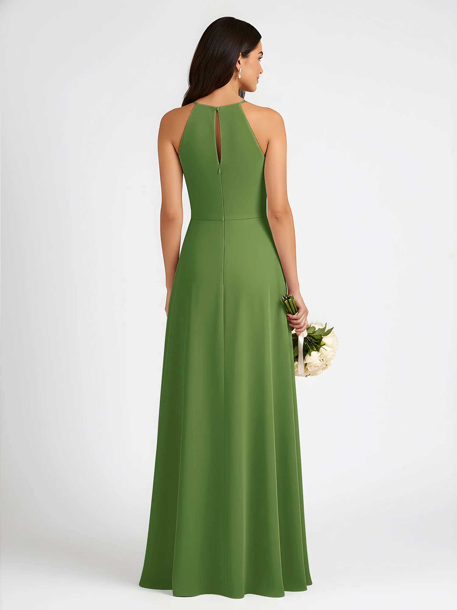 A-Line Chiffon Sleeveless Bow Halter Neck Dresses Moss - Image 2