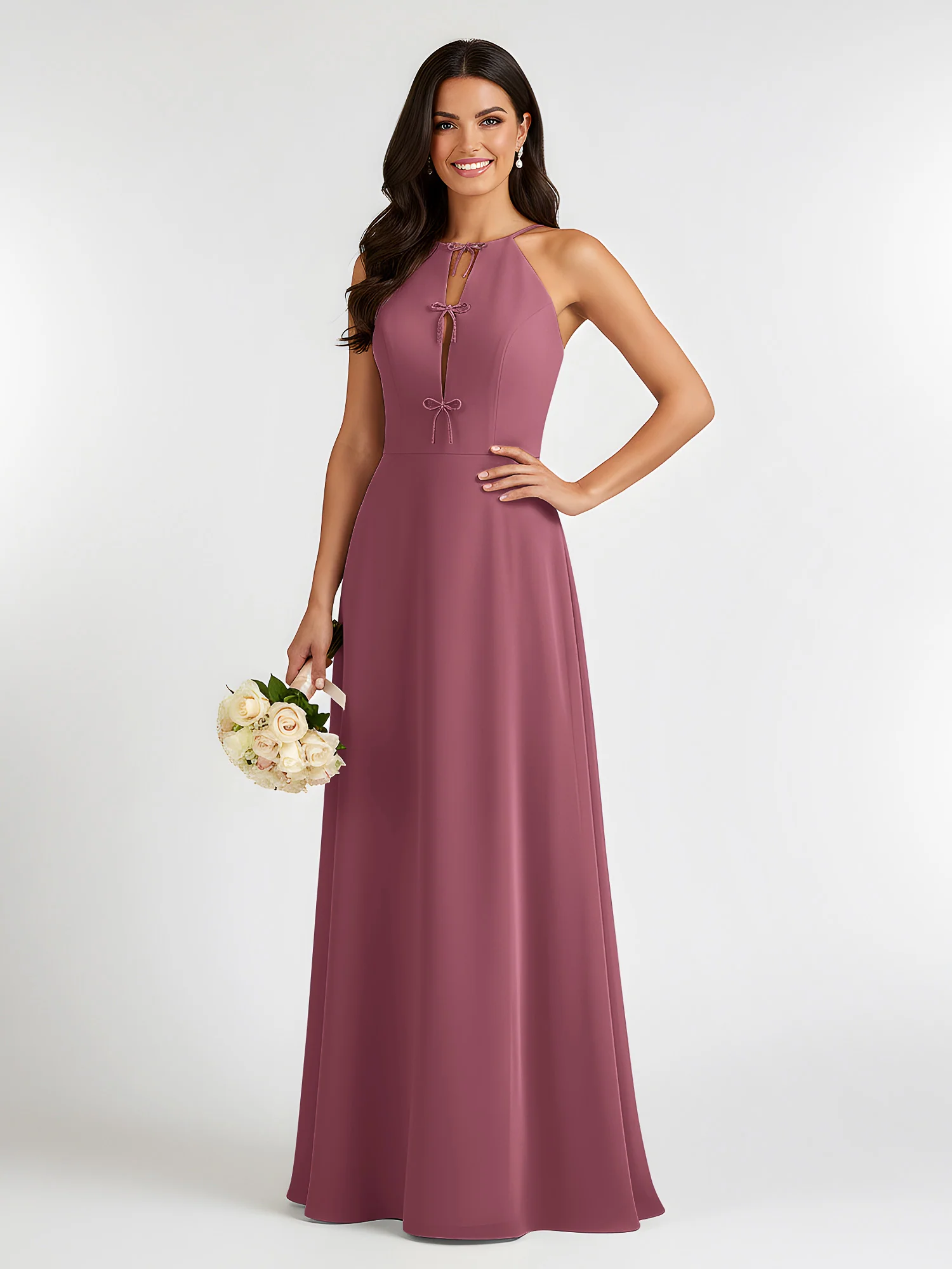 A-Line Chiffon Sleeveless Bow Halter Neck Dresses Mulberry