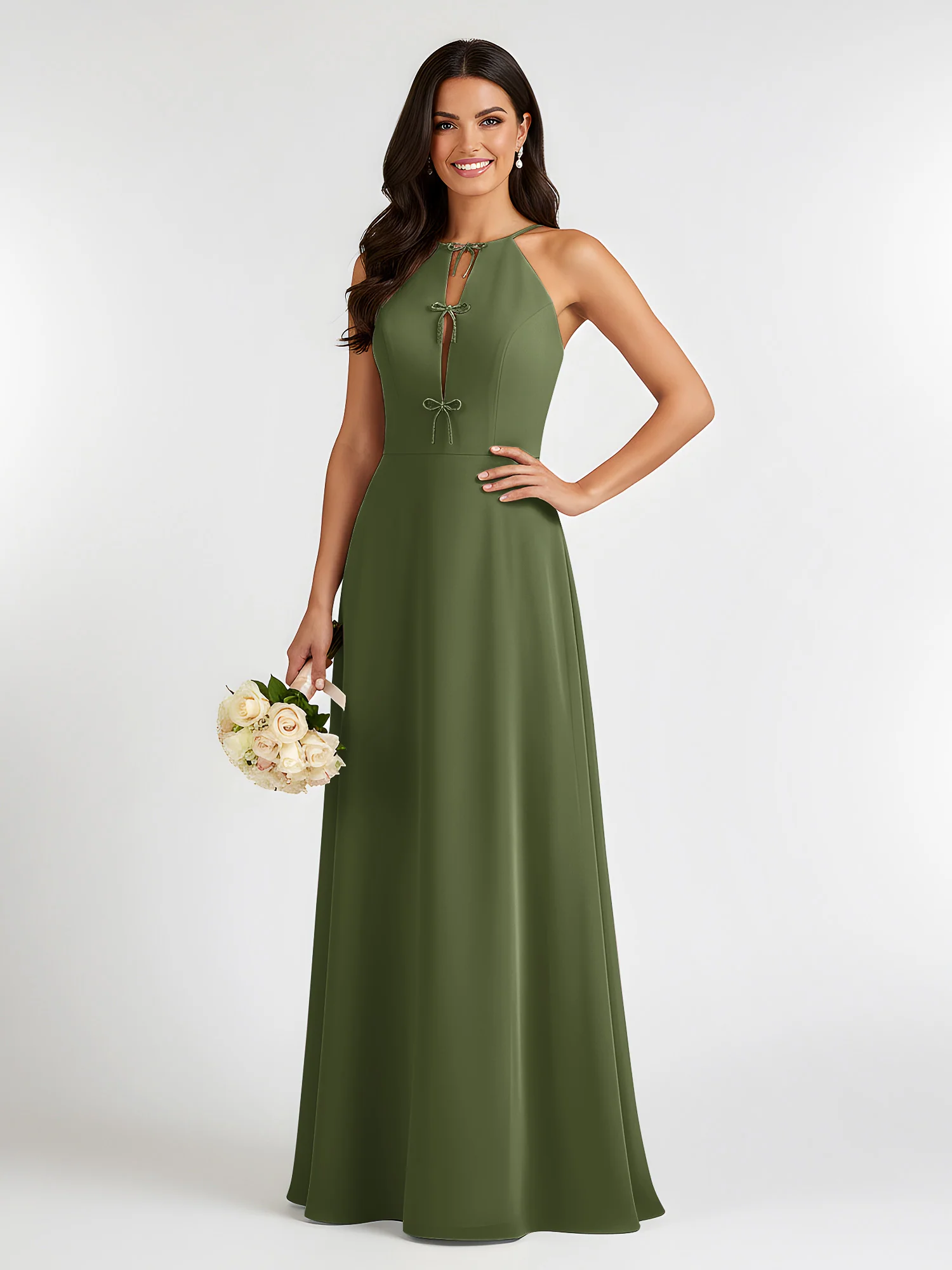 A-Line Chiffon Sleeveless Bow Halter Neck Dresses Olive Green