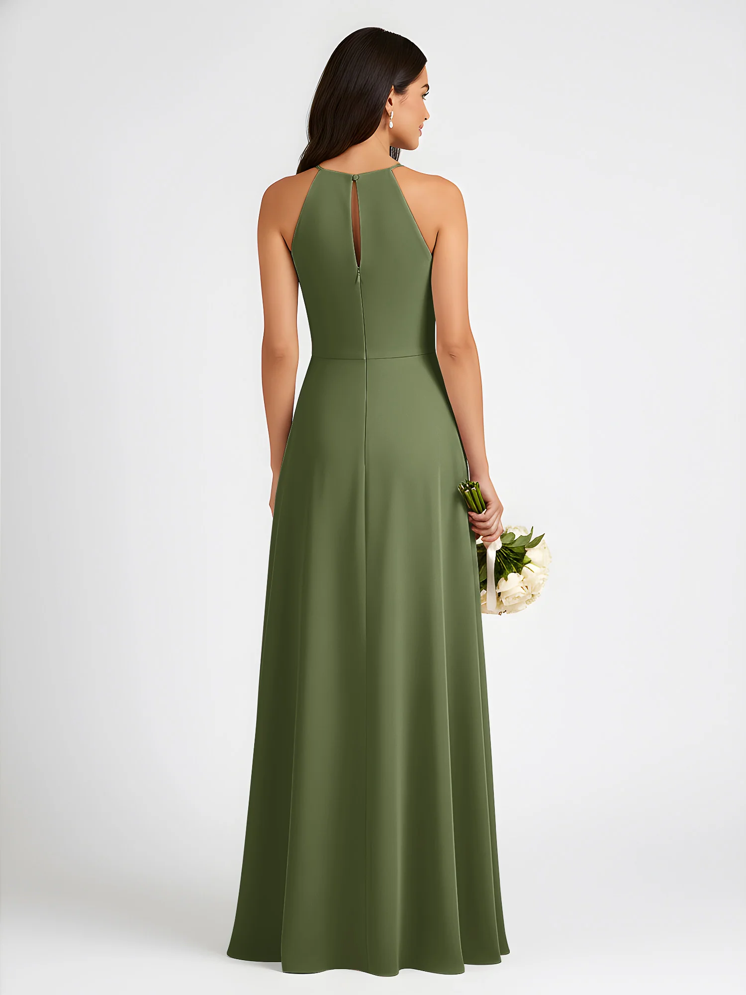 A-Line Chiffon Sleeveless Bow Halter Neck Dresses Olive Green - Image 2