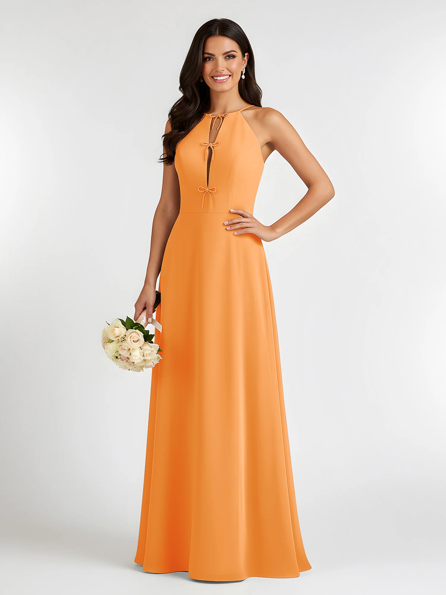 A-Line Chiffon Sleeveless Bow Halter Neck Dresses Orange