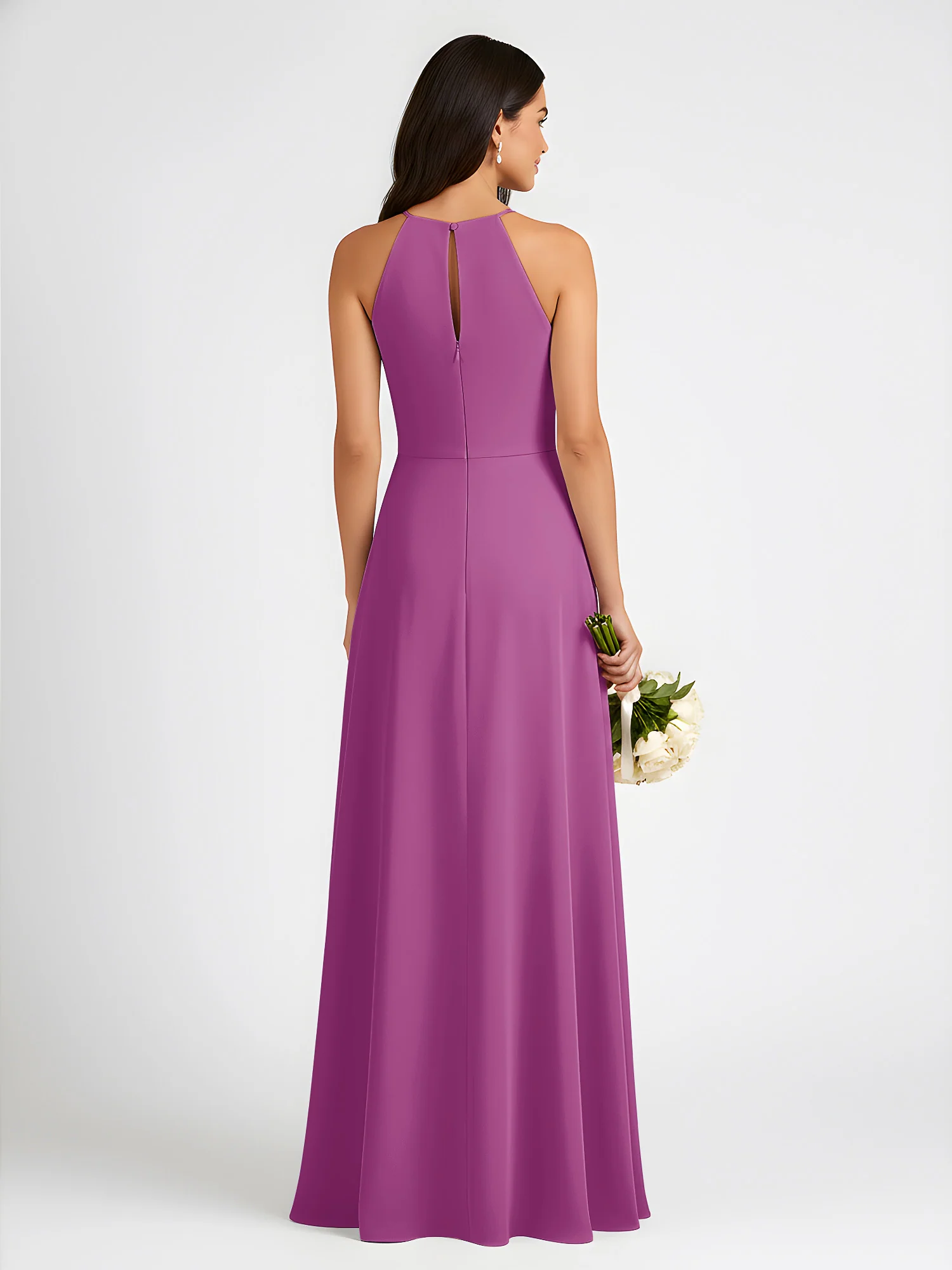 A-Line Chiffon Sleeveless Bow Halter Neck Dresses Orchid - Image 2