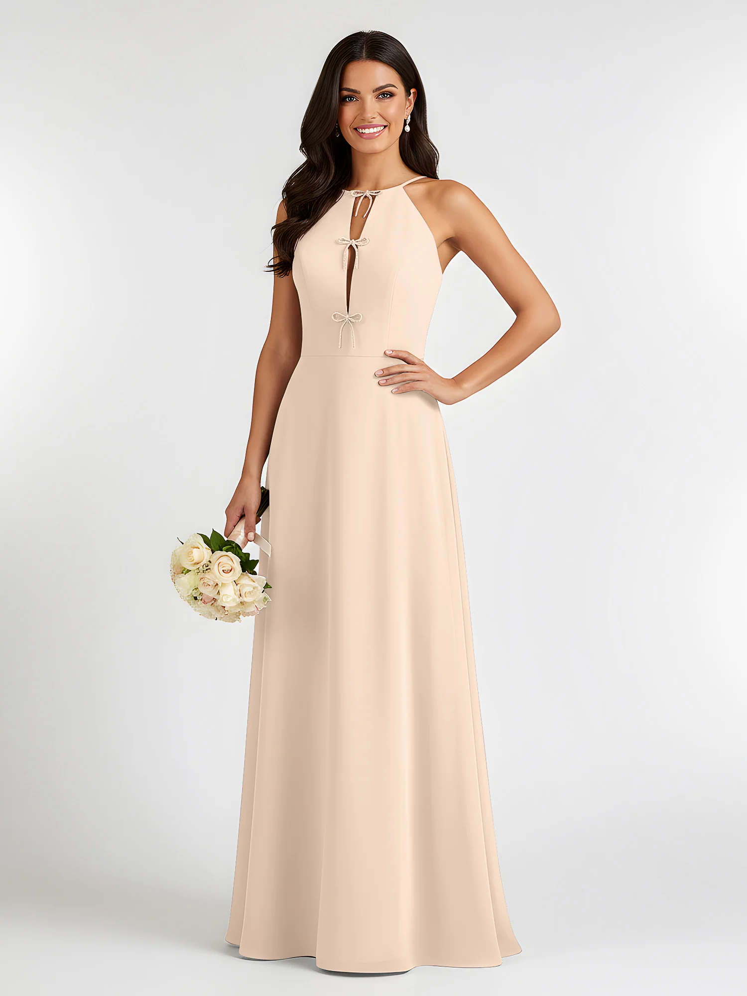 A-Line Chiffon Sleeveless Bow Halter Neck Dresses Peach