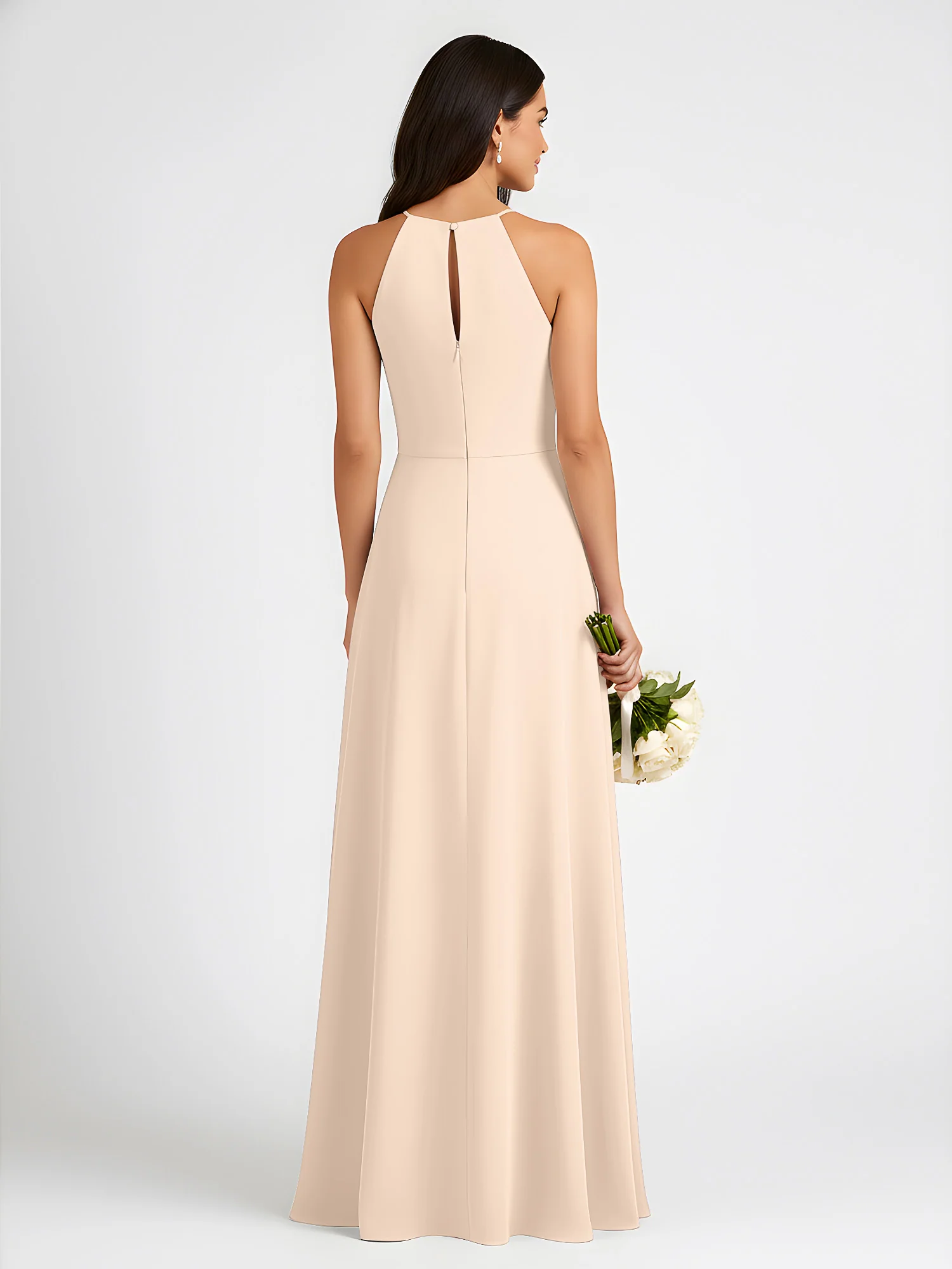 A-Line Chiffon Sleeveless Bow Halter Neck Dresses Peach - Image 2
