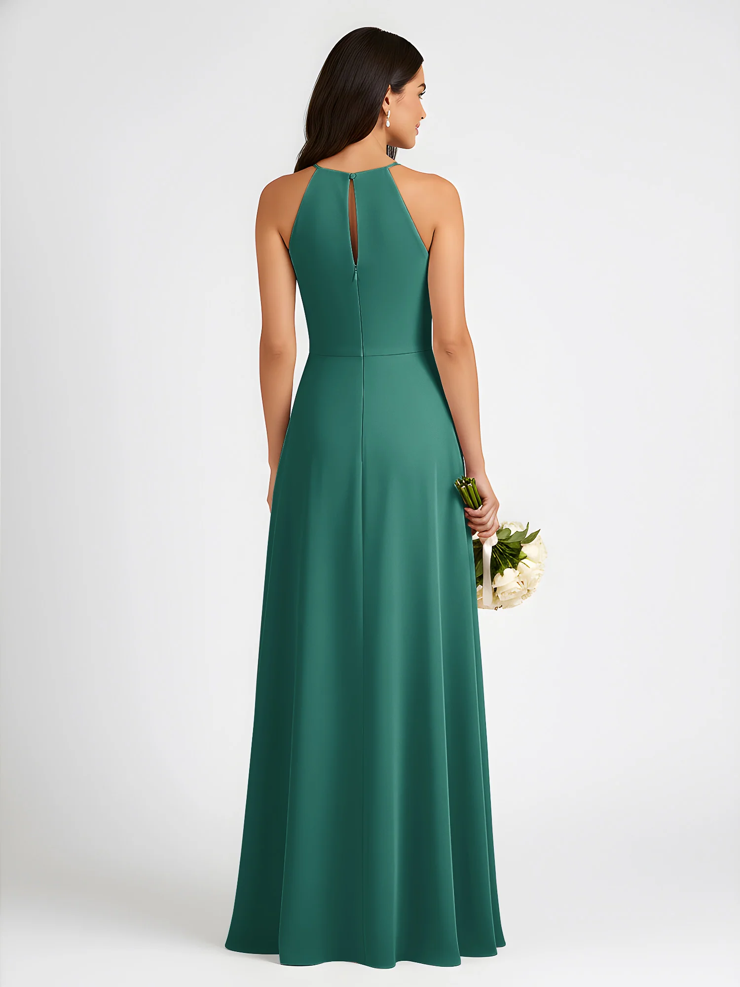 A-Line Chiffon Sleeveless Bow Halter Neck Dresses Peacock - Image 2