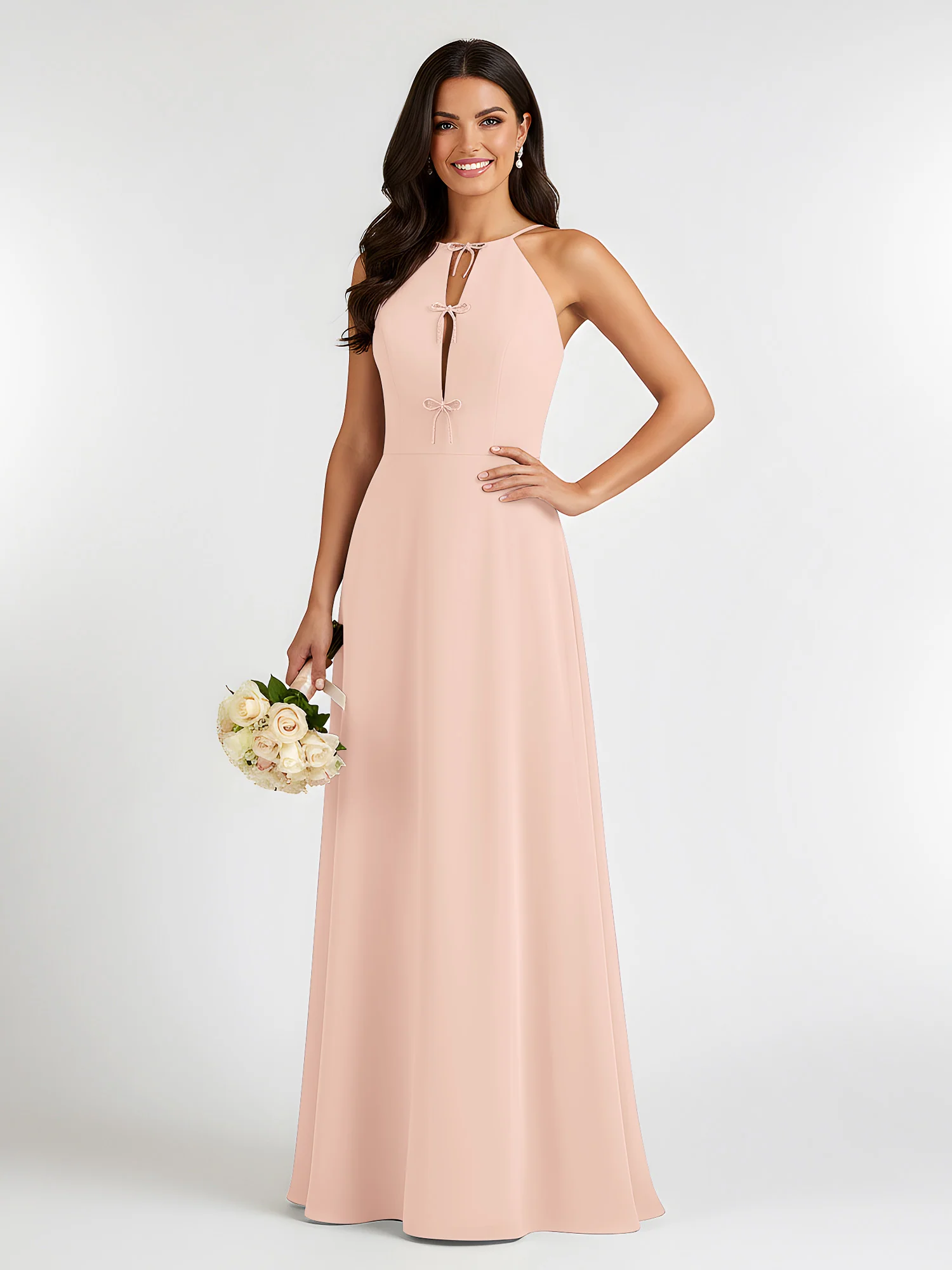 A-Line Chiffon Sleeveless Bow Halter Neck Dresses Pearl Pink