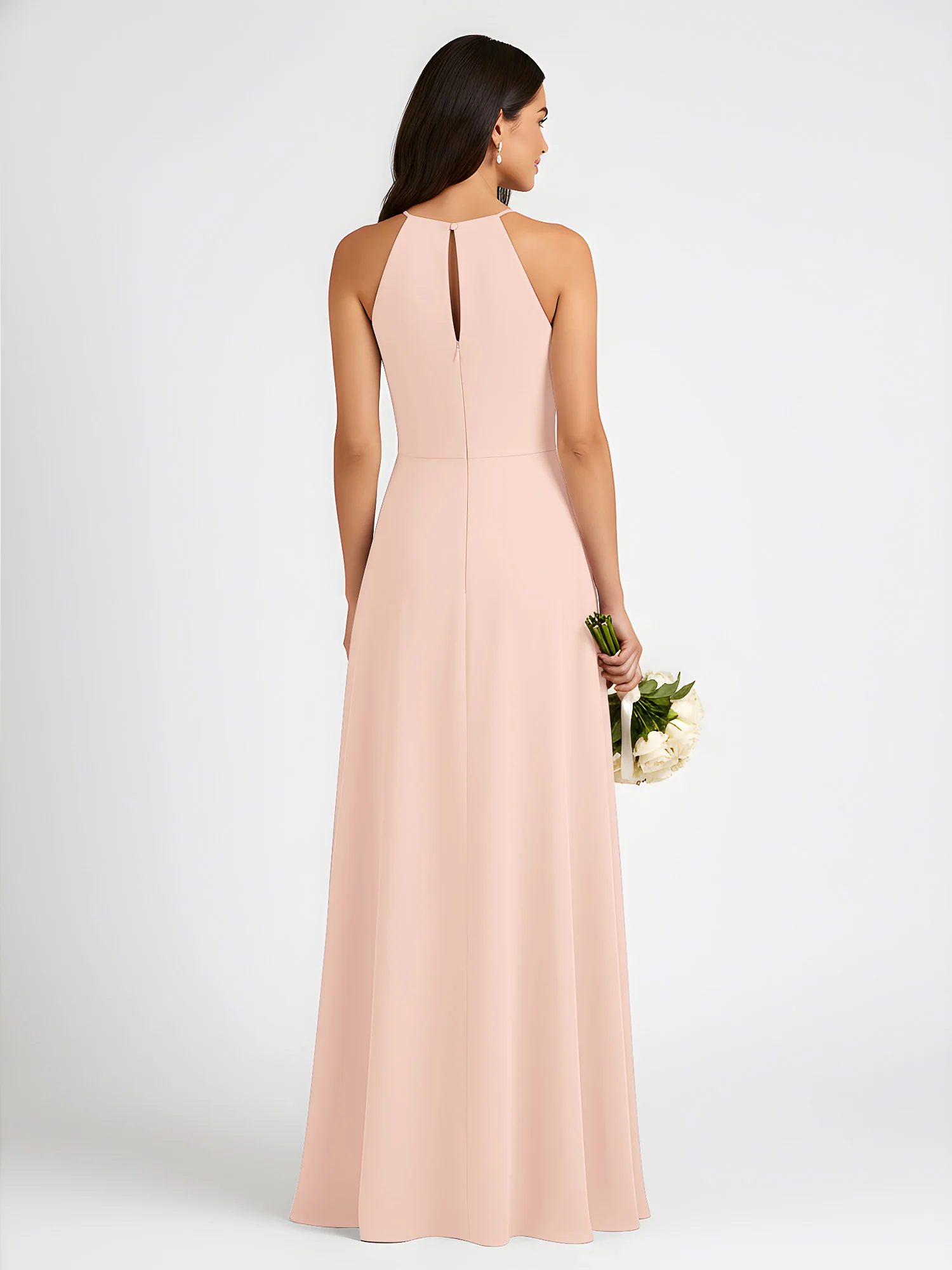A-Line Chiffon Sleeveless Bow Halter Neck Dresses Pearl Pink - Image 2