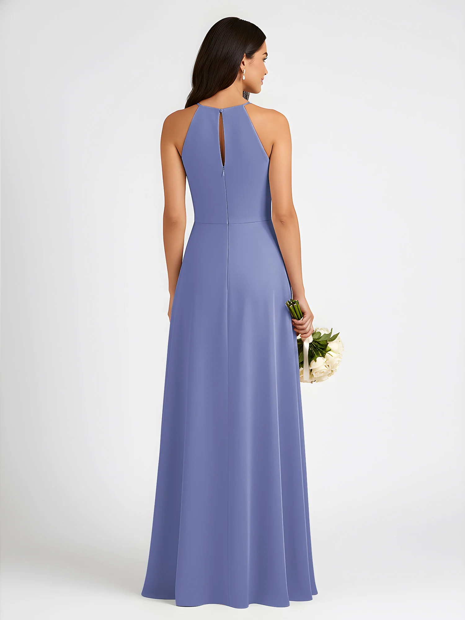 A-Line Chiffon Sleeveless Bow Halter Neck Dresses Periwinkle - Image 2