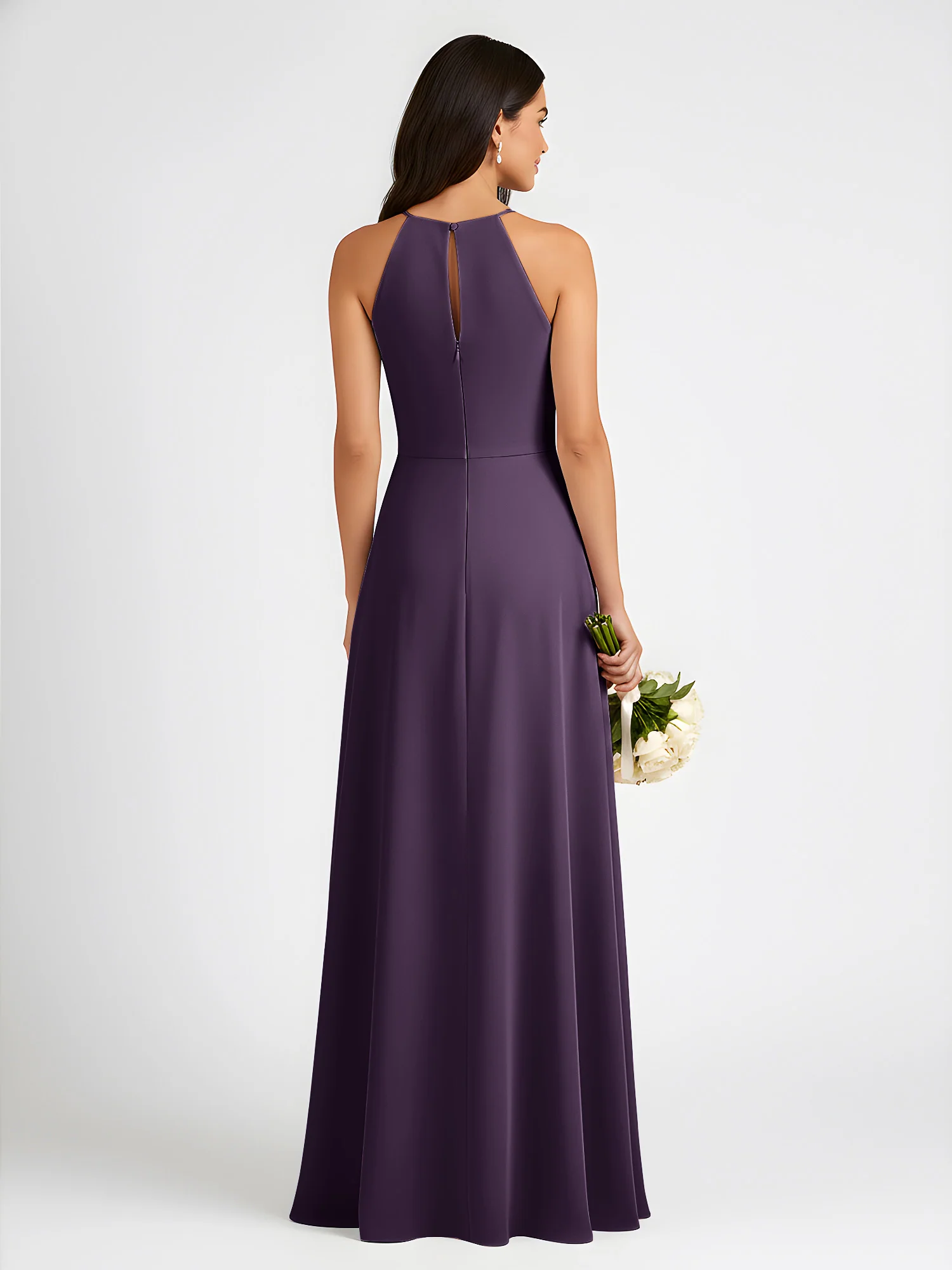 A-Line Chiffon Sleeveless Bow Halter Neck Dresses Plum - Image 2