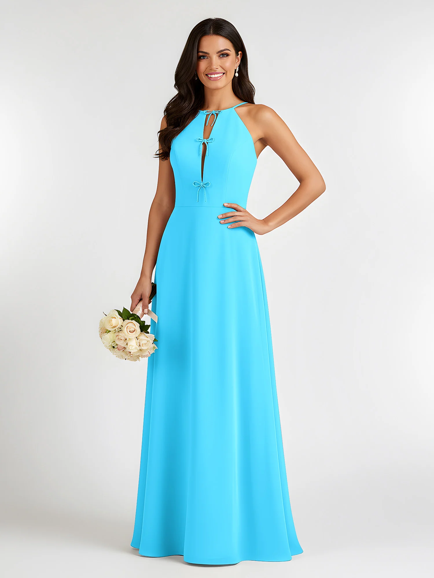 A-Line Chiffon Sleeveless Bow Halter Neck Dresses Pool