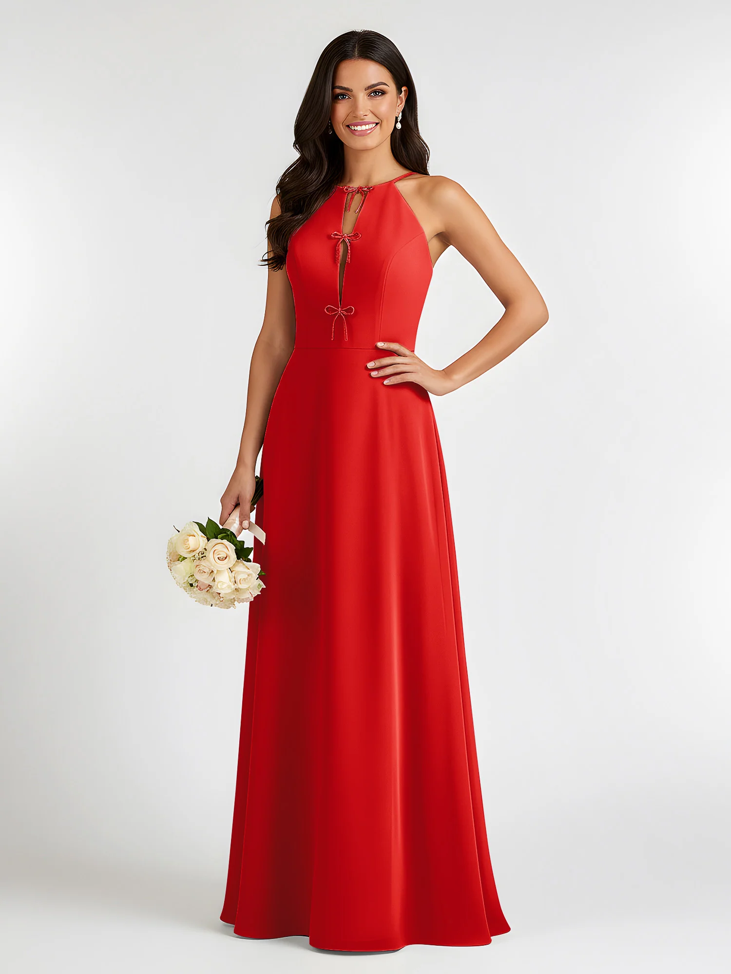 A-Line Chiffon Sleeveless Bow Halter Neck Dresses Red