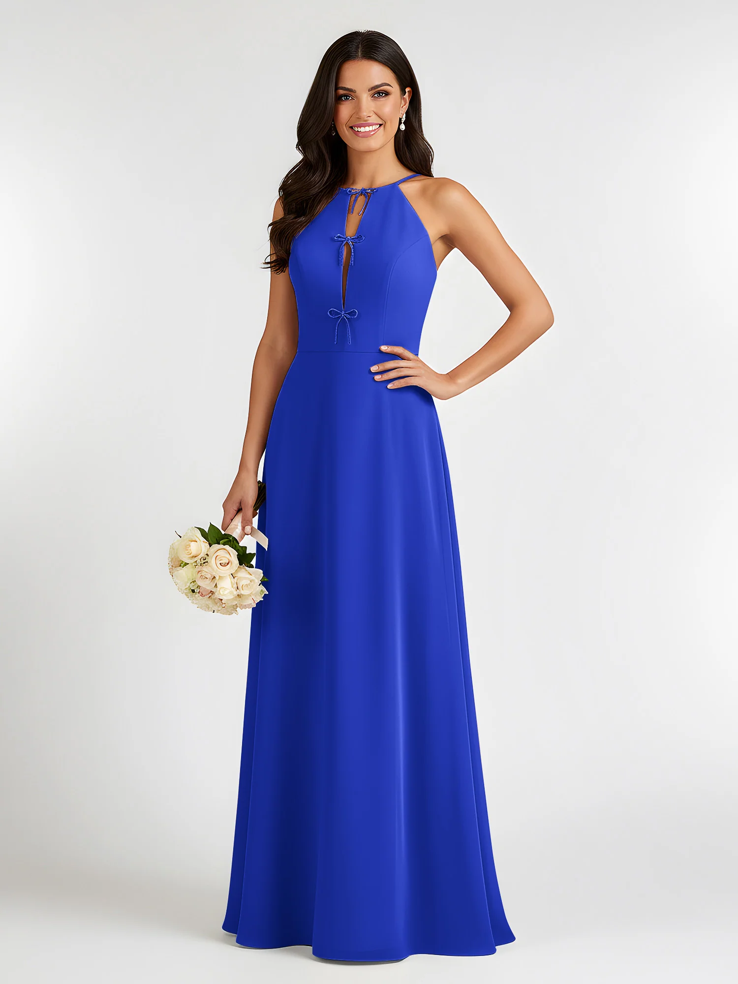 A-Line Chiffon Sleeveless Bow Halter Neck Dresses Royal Blue